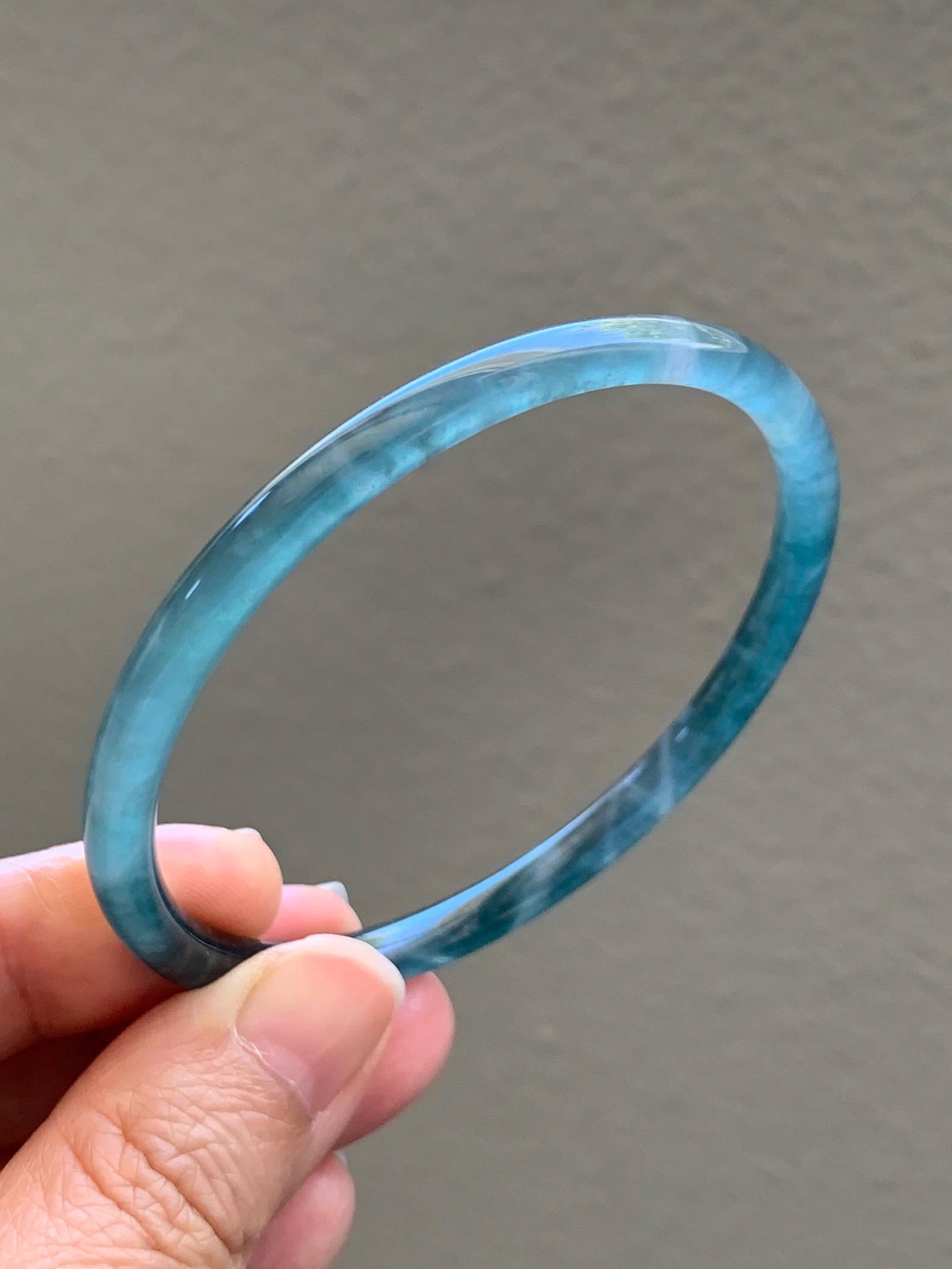 Certified Natural Grade A Guatemalan Icy Translucent Dark Teal Green Jade Jadeite Slim Bangle 60.33mm 7.46” 15.25g 天然冰胶危深蓝绿翡翠细圆条手镯 1186