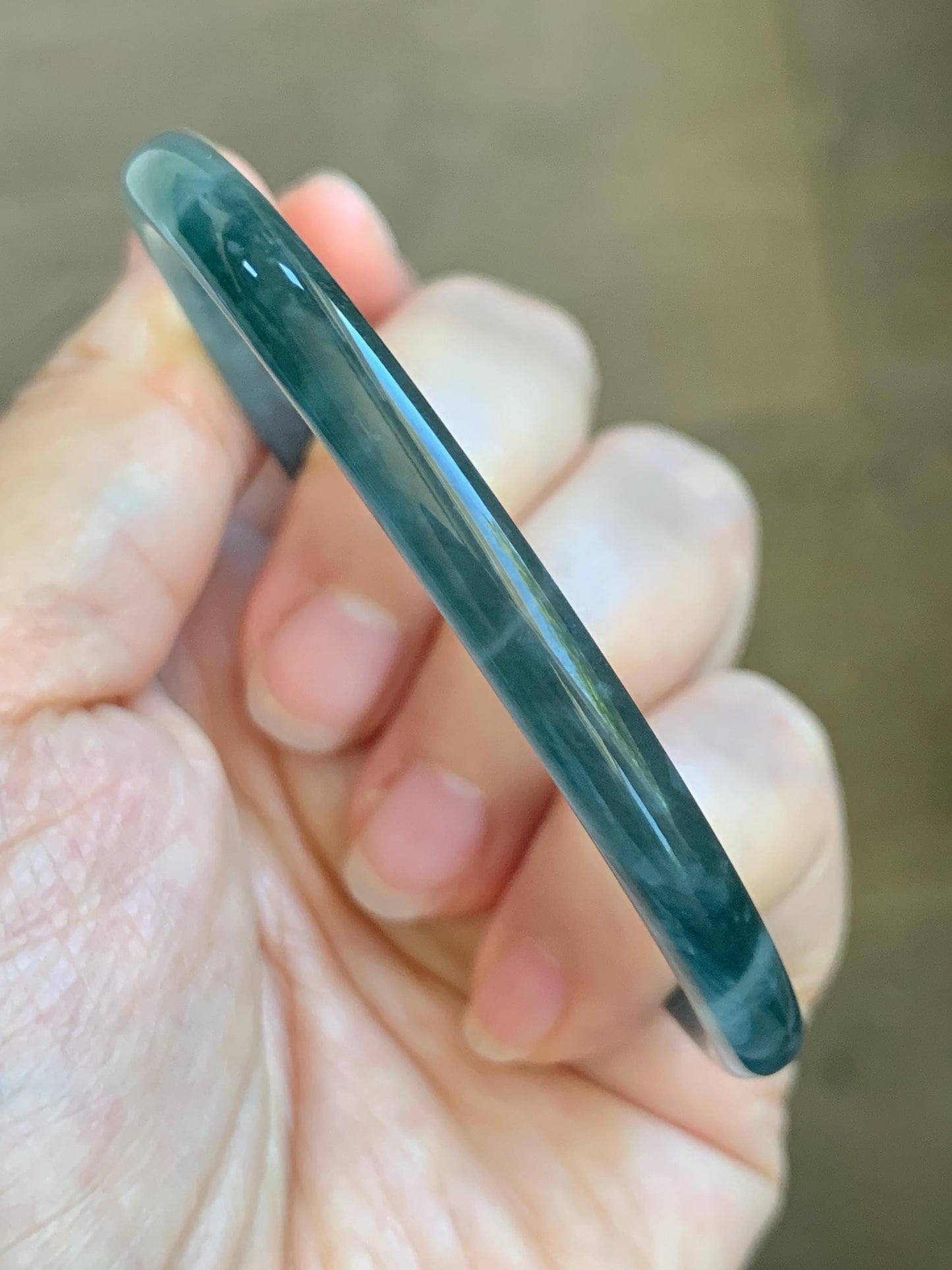 Certified Natural Grade A Guatemalan Icy Translucent Dark Teal Green Jade Jadeite Slim Bangle 60.33mm 7.46” 15.25g 天然冰胶危深蓝绿翡翠细圆条手镯 1186