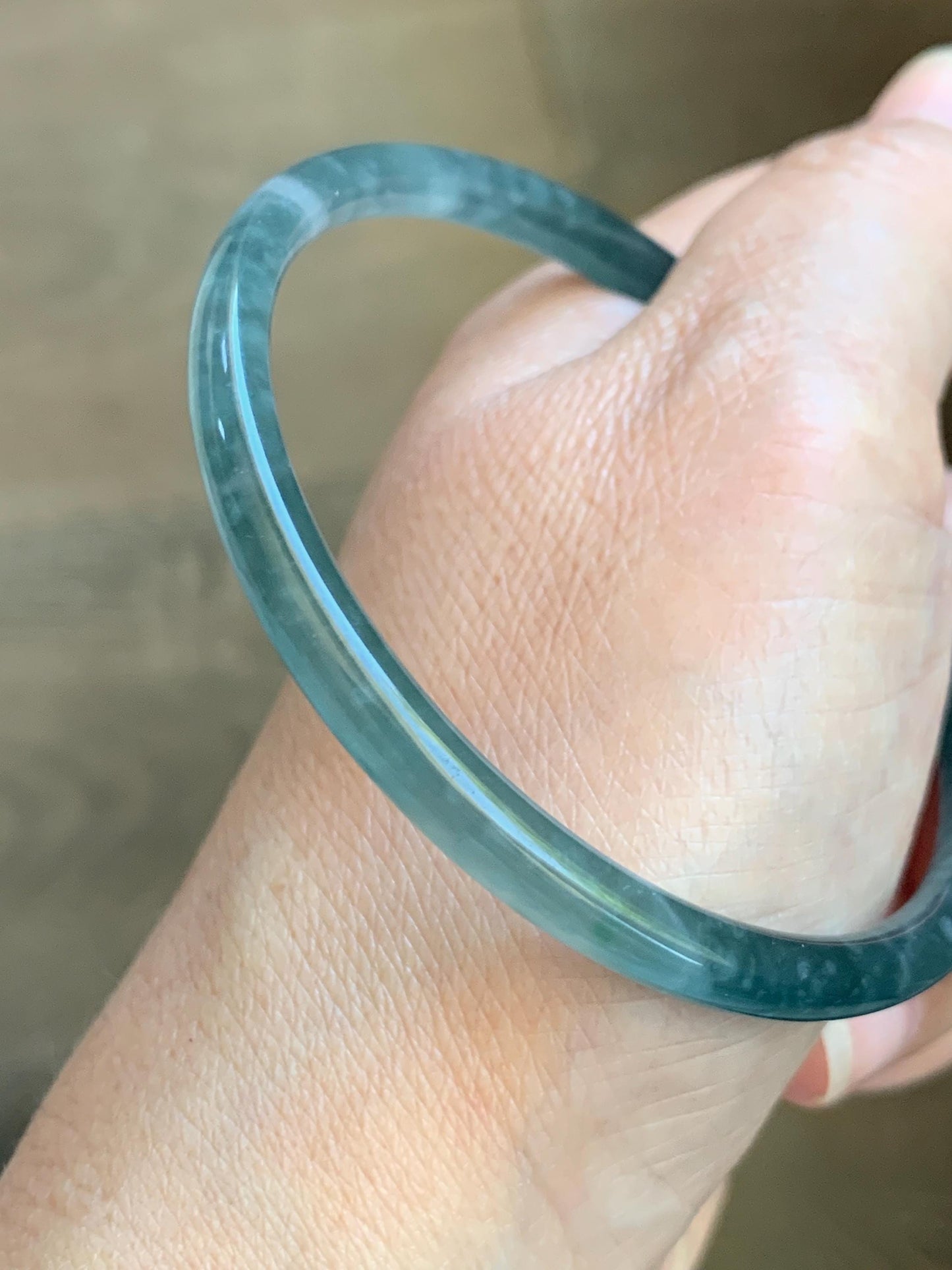 Certified Natural Grade A Guatemalan Icy Translucent Dark Teal Green Jade Jadeite Slim Bangle 60.33mm 7.46” 15.25g 天然冰胶危深蓝绿翡翠细圆条手镯 1186