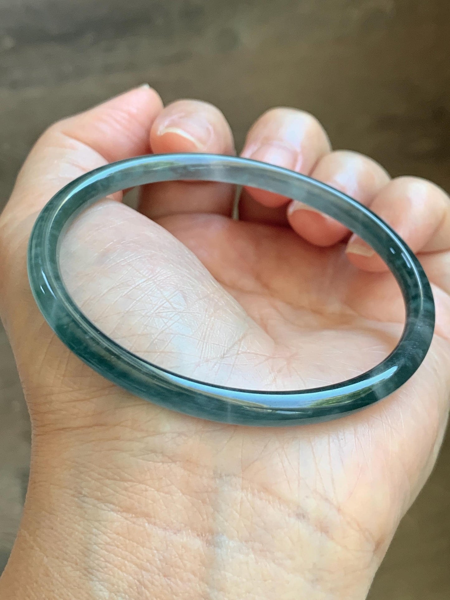 Certified Natural Grade A Guatemalan Icy Translucent Dark Teal Green Jade Jadeite Slim Bangle 60.33mm 7.46” 15.25g 天然冰胶危深蓝绿翡翠细圆条手镯 1186