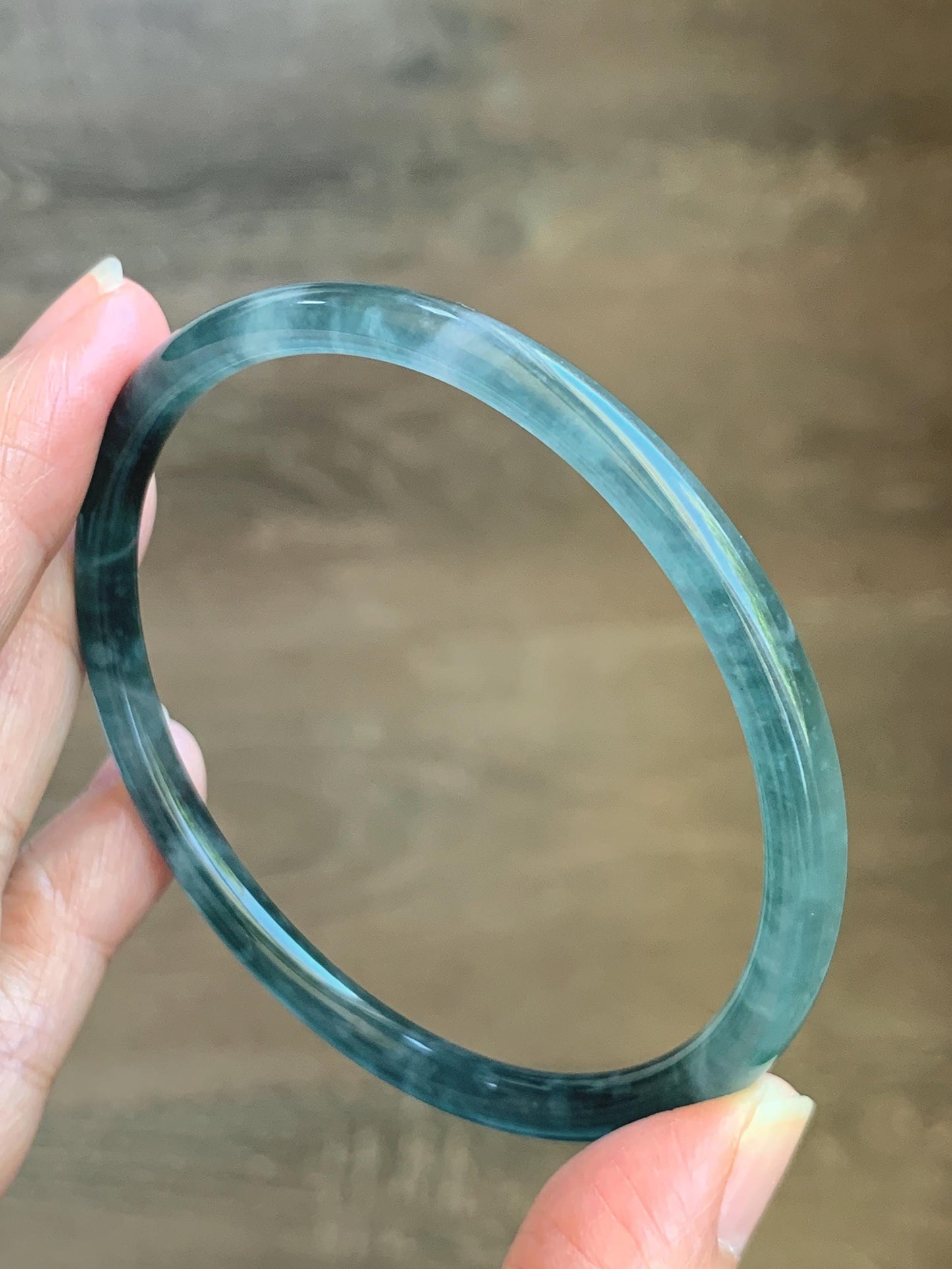 Certified Natural Grade A Guatemalan Icy Translucent Dark Teal Green Jade Jadeite Slim Bangle 60.33mm 7.46” 15.25g 天然冰胶危深蓝绿翡翠细圆条手镯 1186