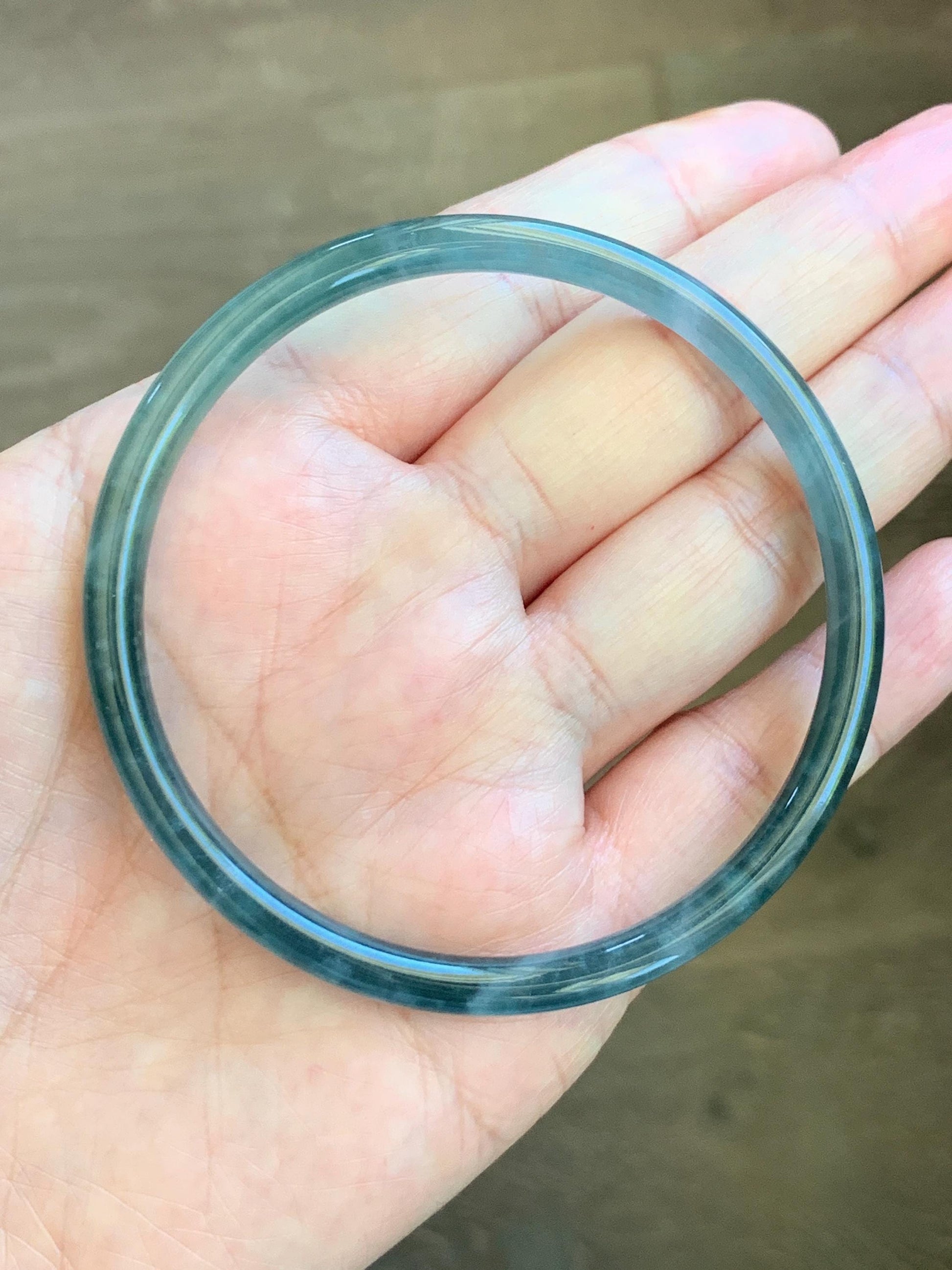 Certified Natural Grade A Guatemalan Icy Translucent Dark Teal Green Jade Jadeite Slim Bangle 60.33mm 7.46” 15.25g 天然冰胶危深蓝绿翡翠细圆条手镯 1186