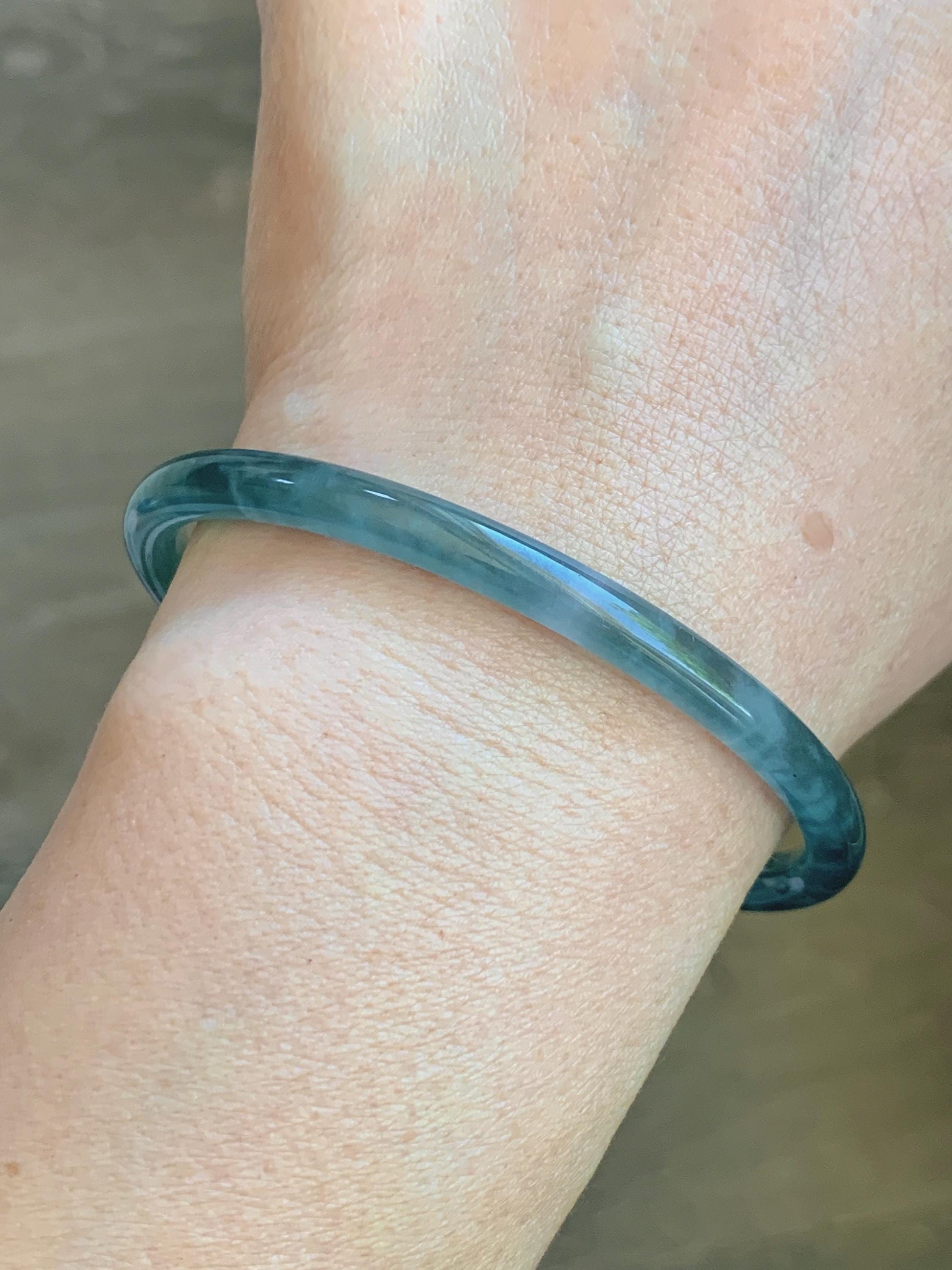 Certified Natural Grade A Guatemalan Icy Translucent Dark Teal Green Jade Jadeite Slim Bangle 60.33mm 7.46” 15.25g 天然冰胶危深蓝绿翡翠细圆条手镯 1186