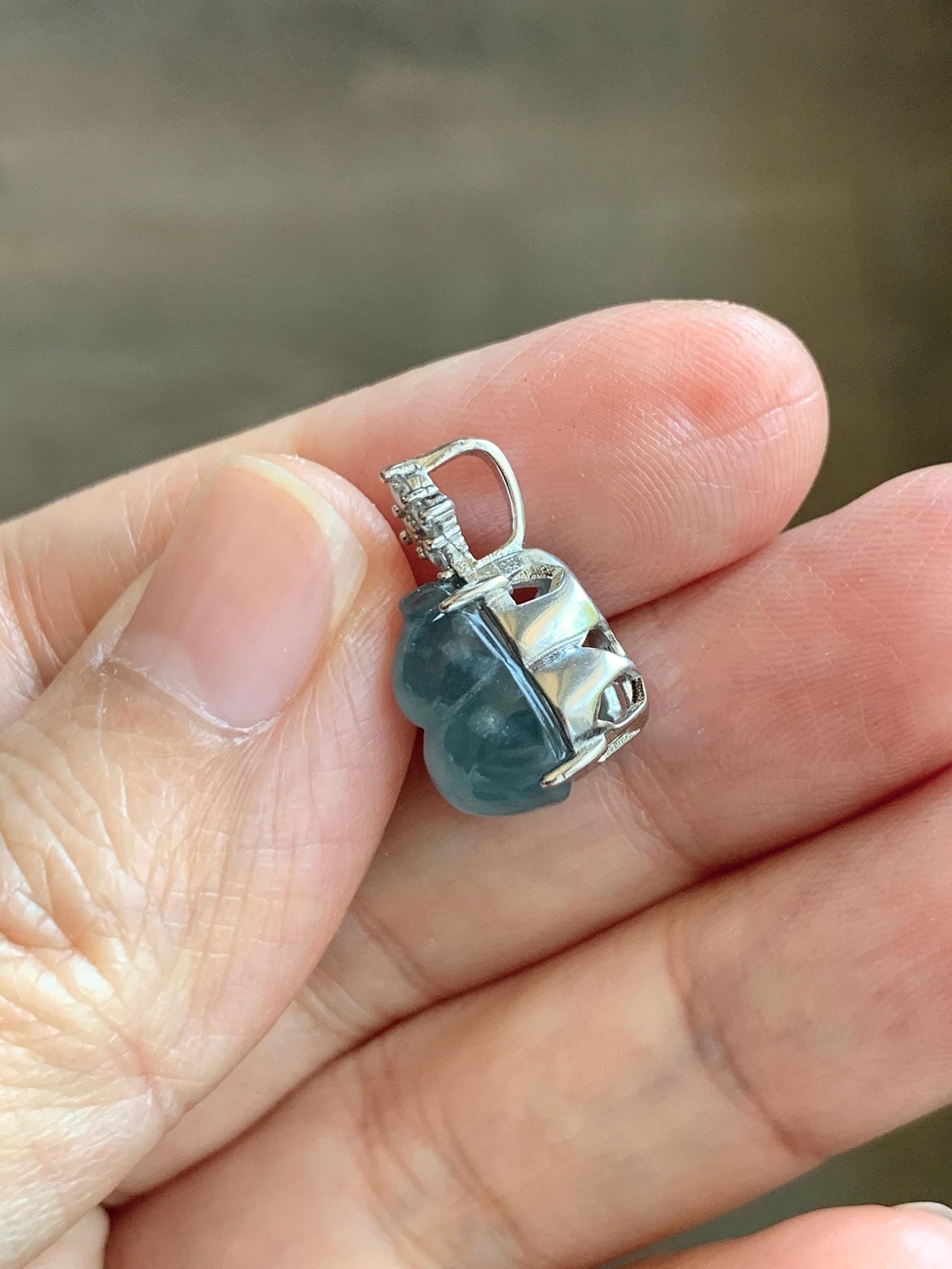 Natural Grade A Guatemalan Icy Translucent Dark Dusty Teal Blue Jade Jadeite Gourd Hulu Pendant Sterling Silver 天然冰危深蓝翡翠葫芦吊坠 WXH77B
