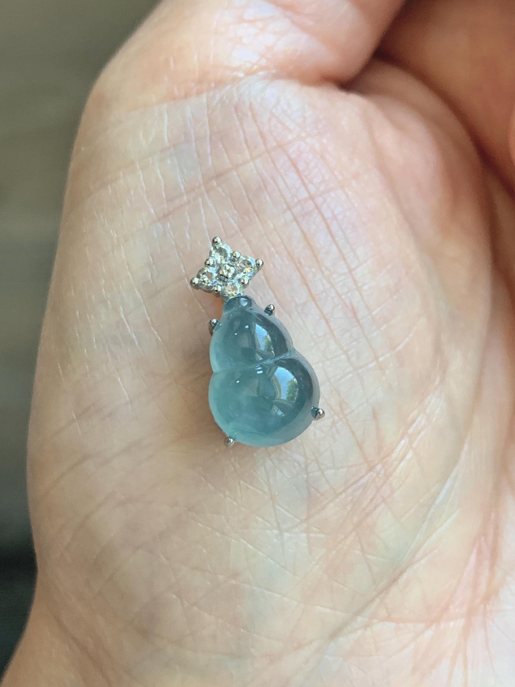 Natural Grade A Guatemalan Icy Translucent Dark Dusty Teal Blue Jade Jadeite Gourd Hulu Pendant Sterling Silver 天然冰危深蓝翡翠葫芦吊坠 WXH77B