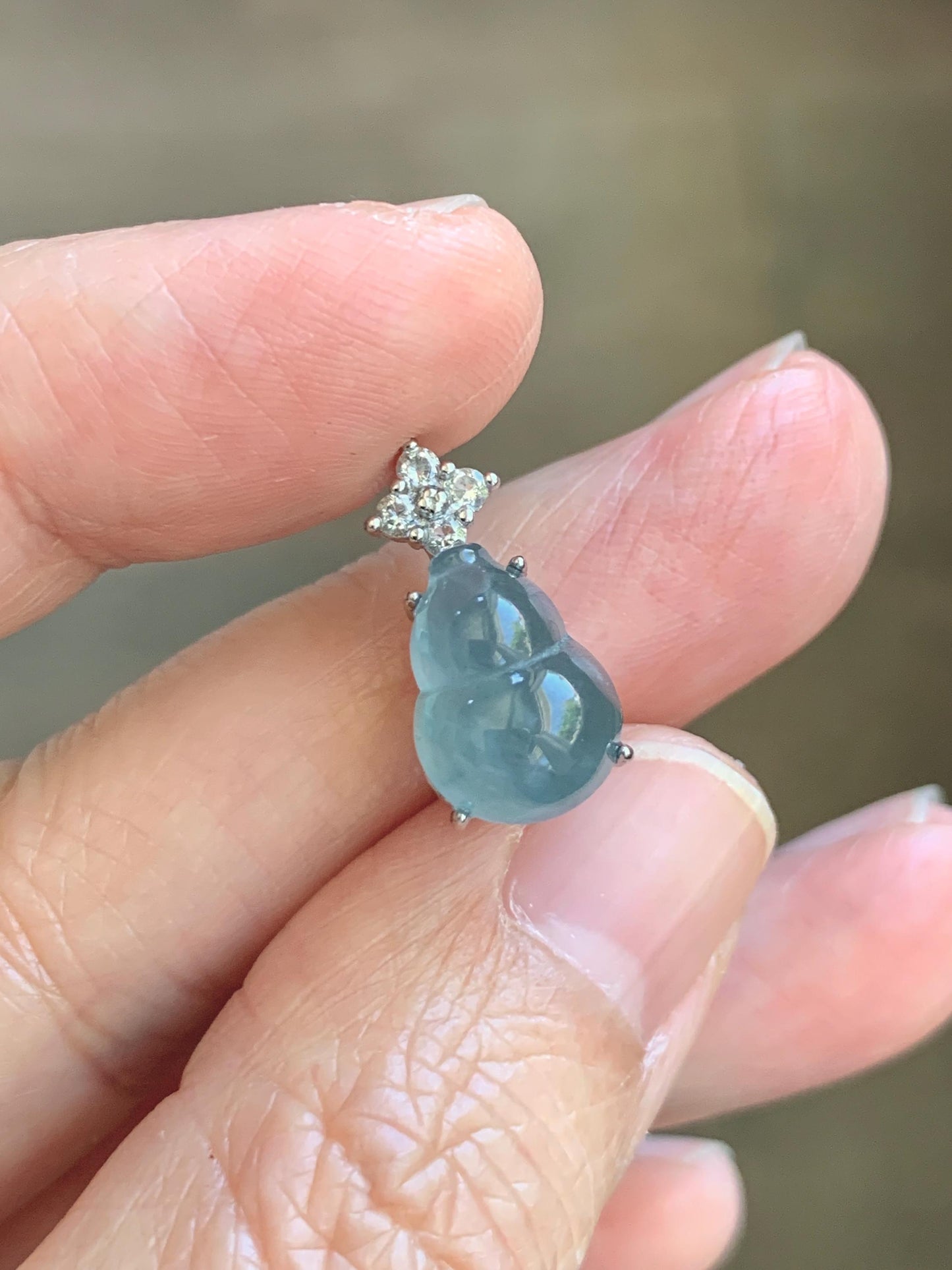 Natural Grade A Guatemalan Icy Translucent Dark Dusty Teal Blue Jade Jadeite Gourd Hulu Pendant Sterling Silver 天然冰危深蓝翡翠葫芦吊坠 WXH77B