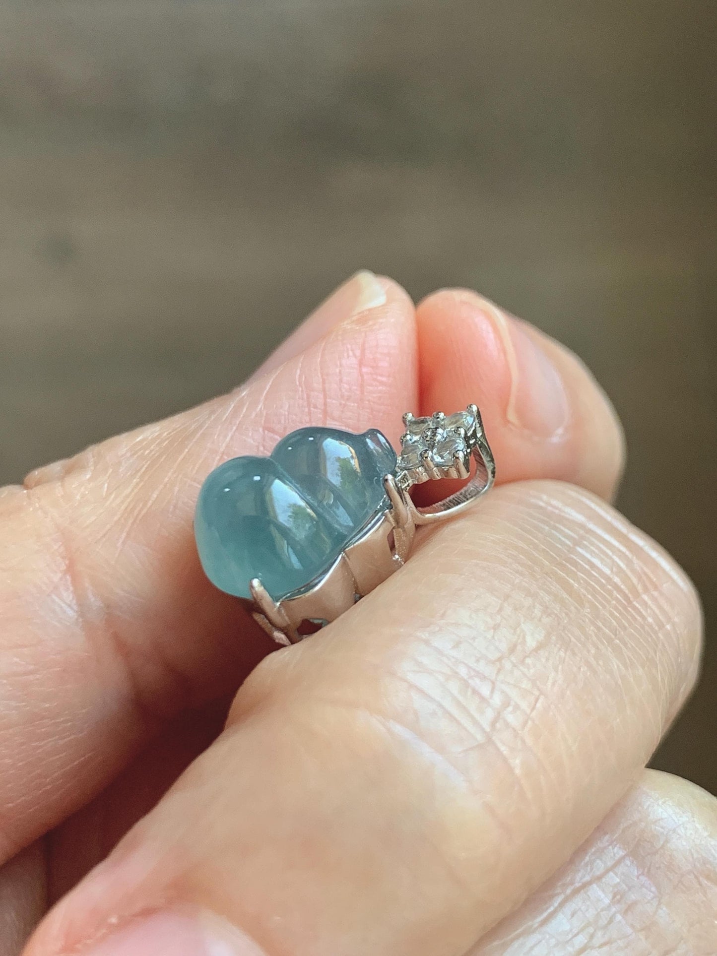 Natural Grade A Guatemalan Icy Translucent Dark Dusty Teal Blue Jade Jadeite Gourd Hulu Pendant Sterling Silver 天然冰危深蓝翡翠葫芦吊坠 WXH77B