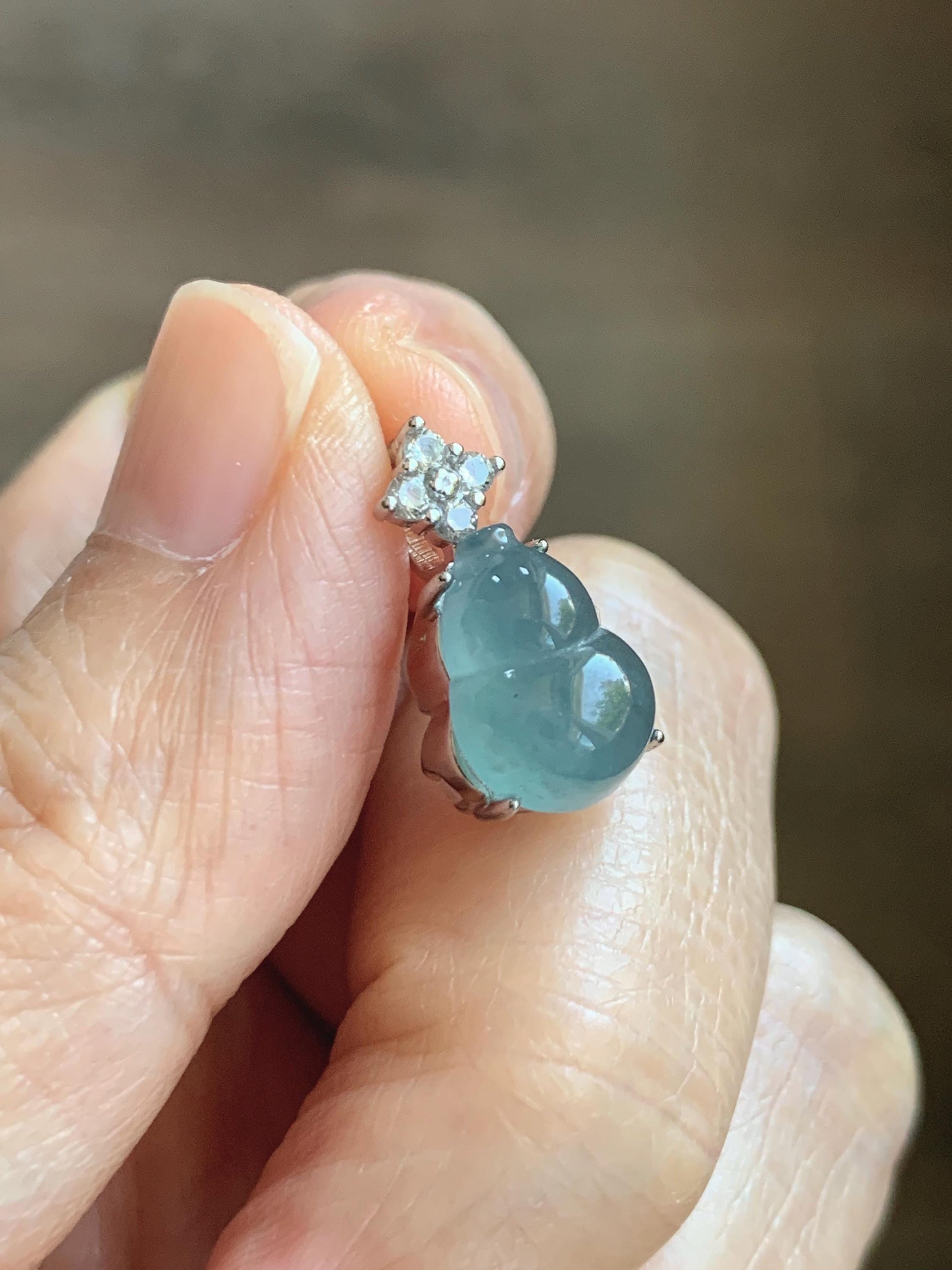 Natural Grade A Guatemalan Icy Translucent Dark Dusty Teal Blue Jade Jadeite Gourd Hulu Pendant Sterling Silver 天然冰危深蓝翡翠葫芦吊坠 WXH77B