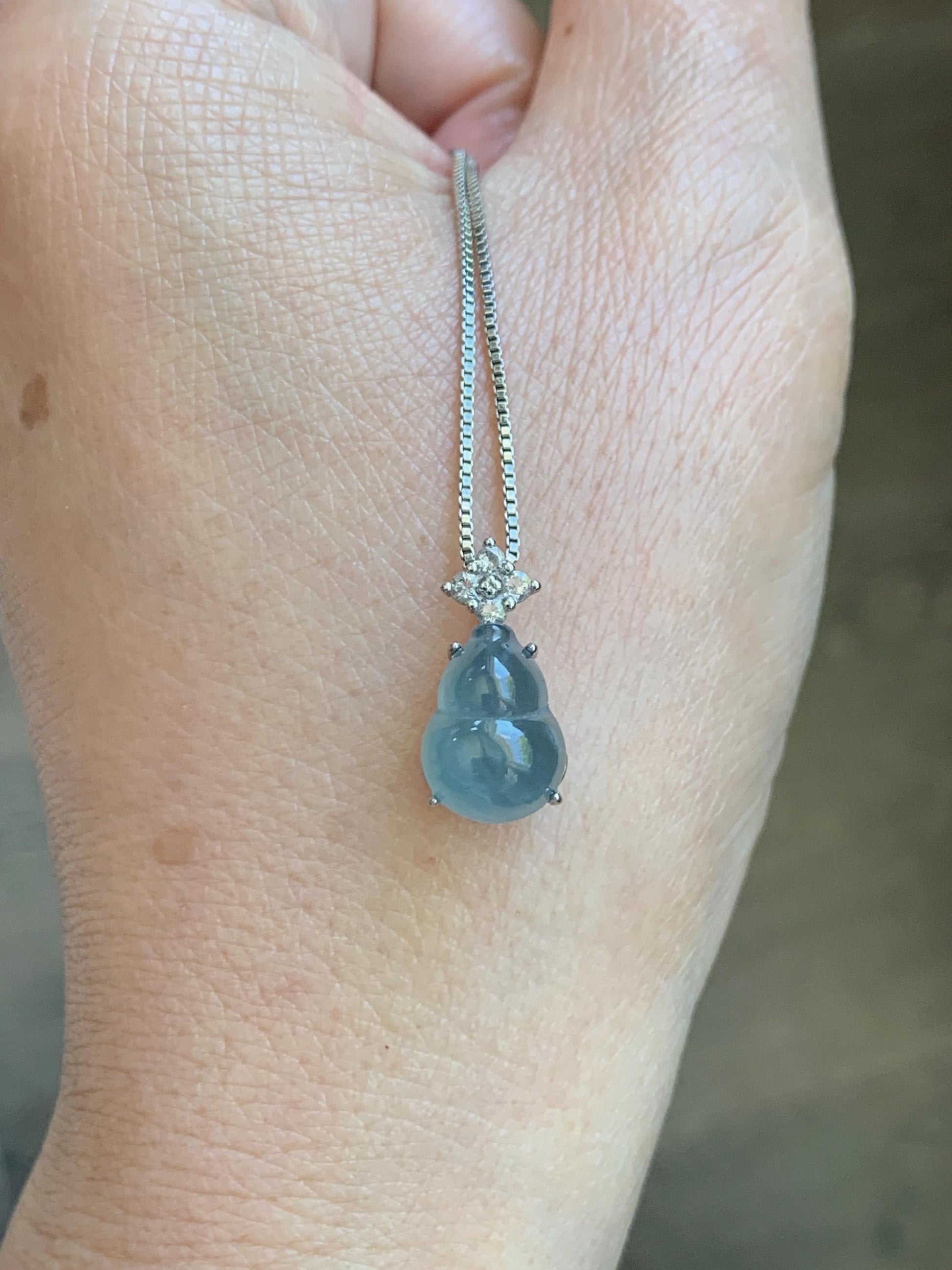 Natural Grade A Guatemalan Icy Translucent Dark Dusty Teal Blue Jade Jadeite Gourd Hulu Pendant Sterling Silver 天然冰危深蓝翡翠葫芦吊坠 WXH77B