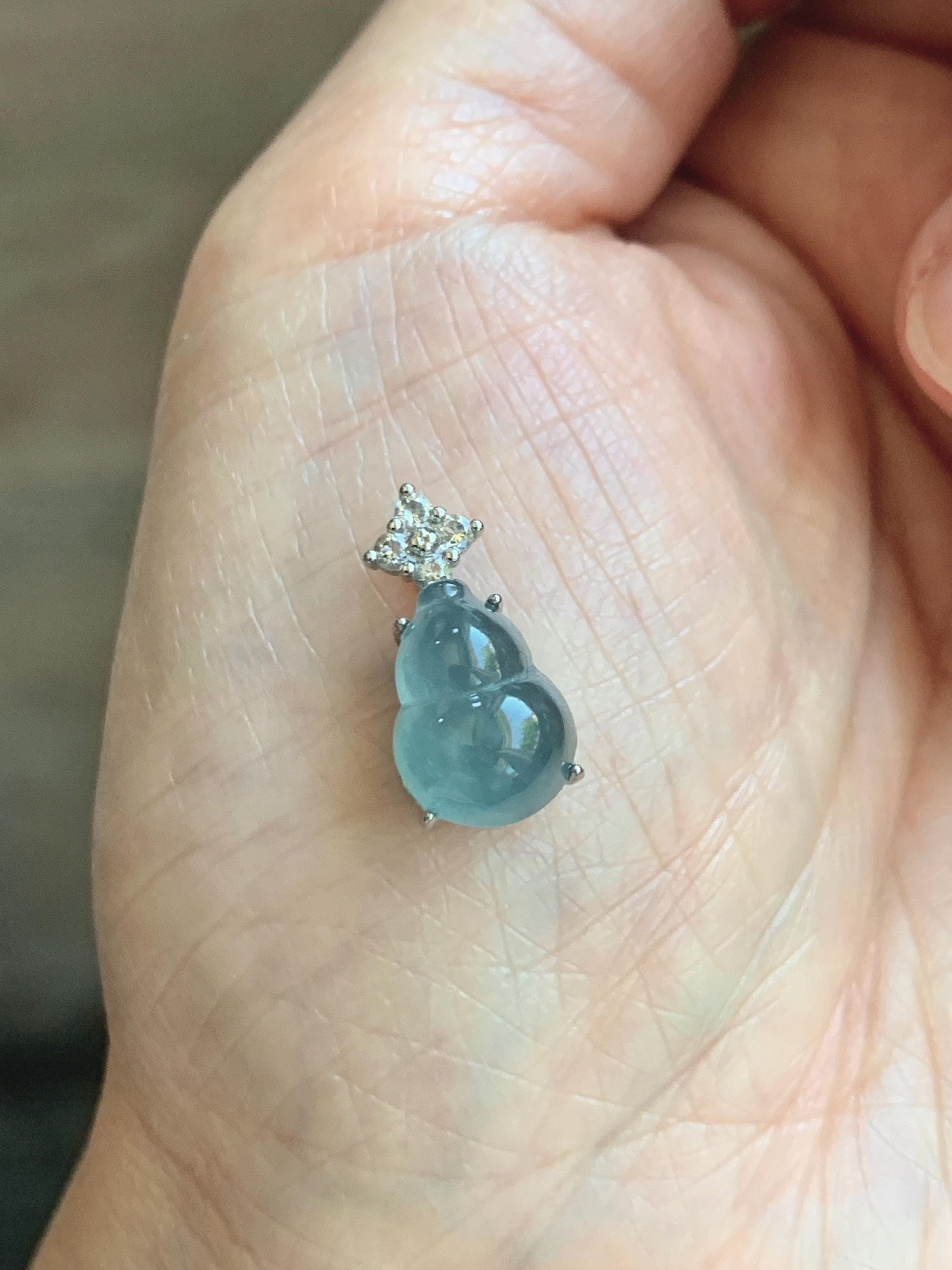 Natural Grade A Guatemalan Icy Translucent Dark Dusty Teal Blue Jade Jadeite Gourd Hulu Pendant Sterling Silver 天然冰危深蓝翡翠葫芦吊坠 WXH77B