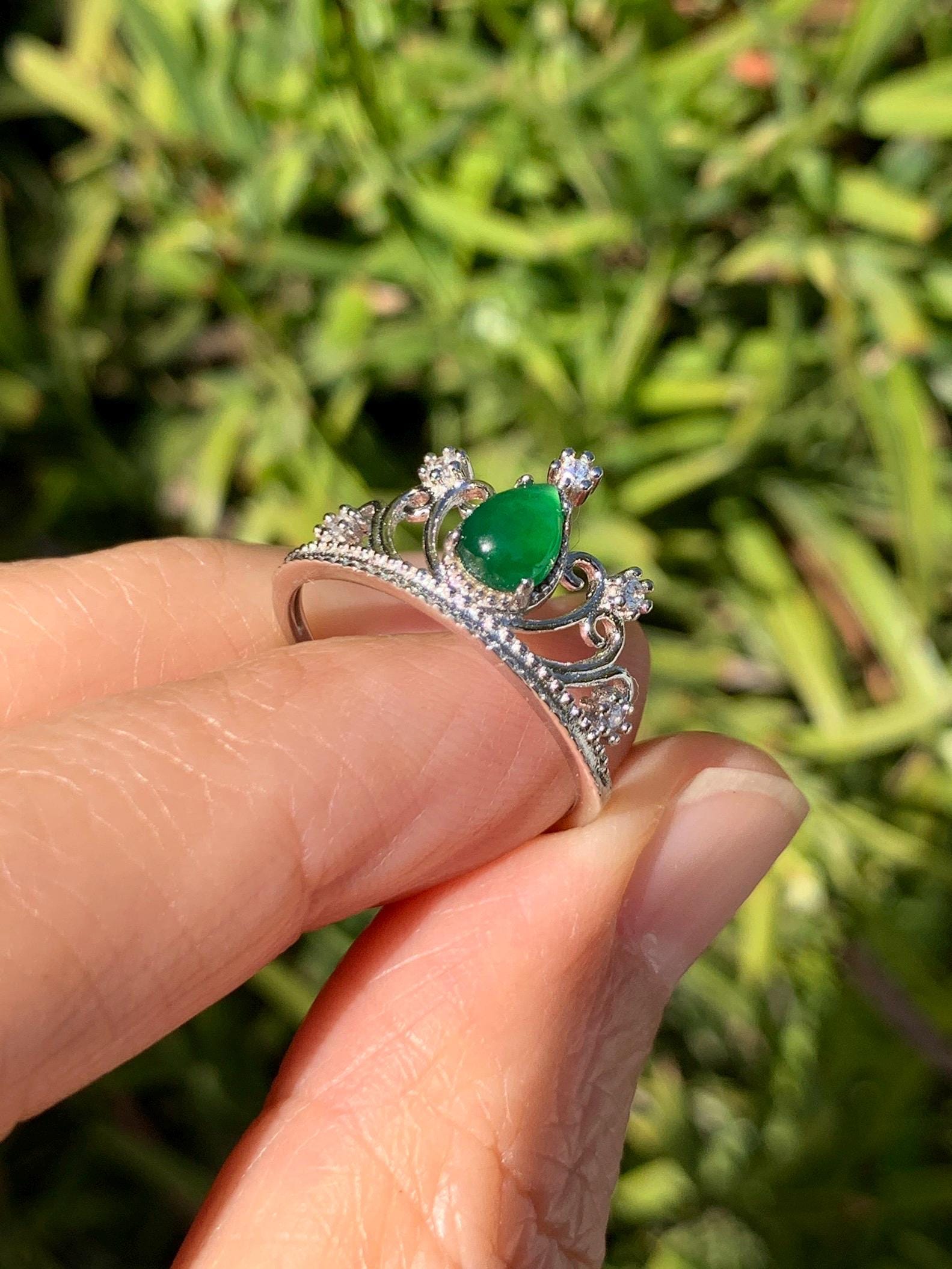 Natural Grade A Guatemalan Icy Translucent Vibrant Green Jade Jadeite Crown Ring Sterling Silver Size Adjustable 天然冰危绿翡翠皇冠戒指 WHG77