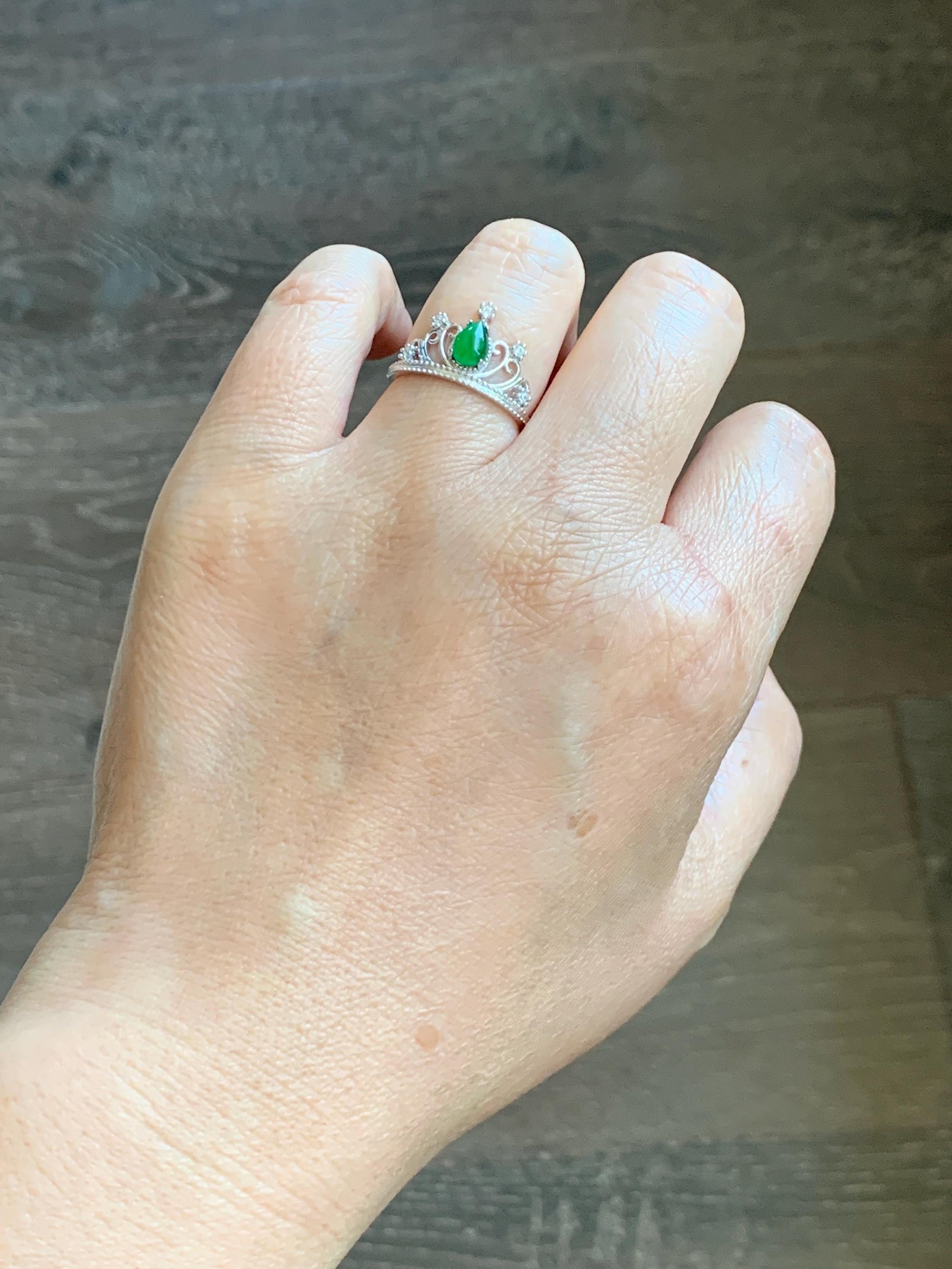 Natural Grade A Guatemalan Icy Translucent Vibrant Green Jade Jadeite Crown Ring Sterling Silver Size Adjustable 天然冰危绿翡翠皇冠戒指 WHG77