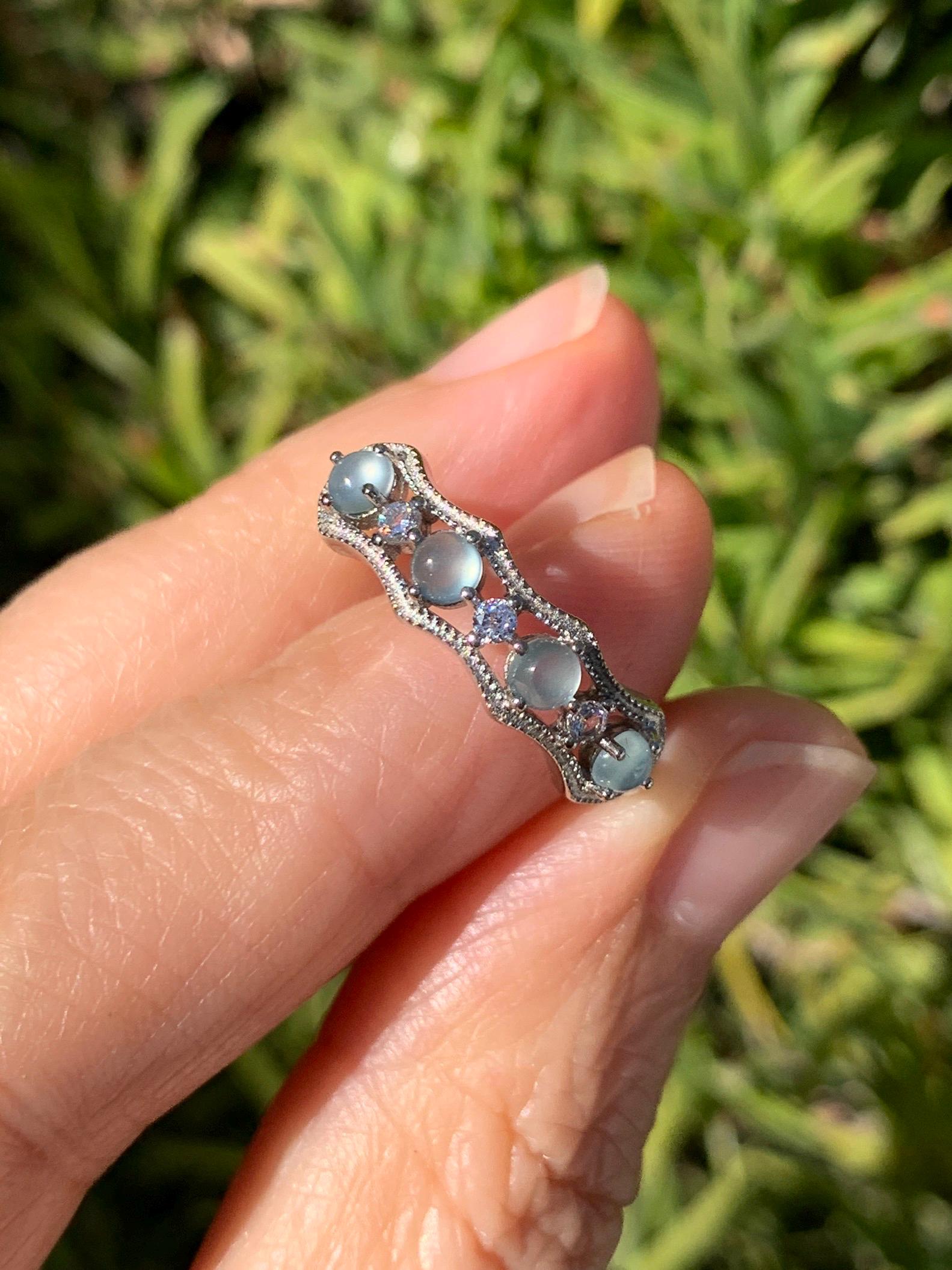 Natural Grade A Guatemalan Icy Highly Translucent Pale Blue Jade Jadeite 4-Stone Band Ring Sterling Silver Size Adjustable 天然冰危淡蓝翡翠排戒 WQLP68