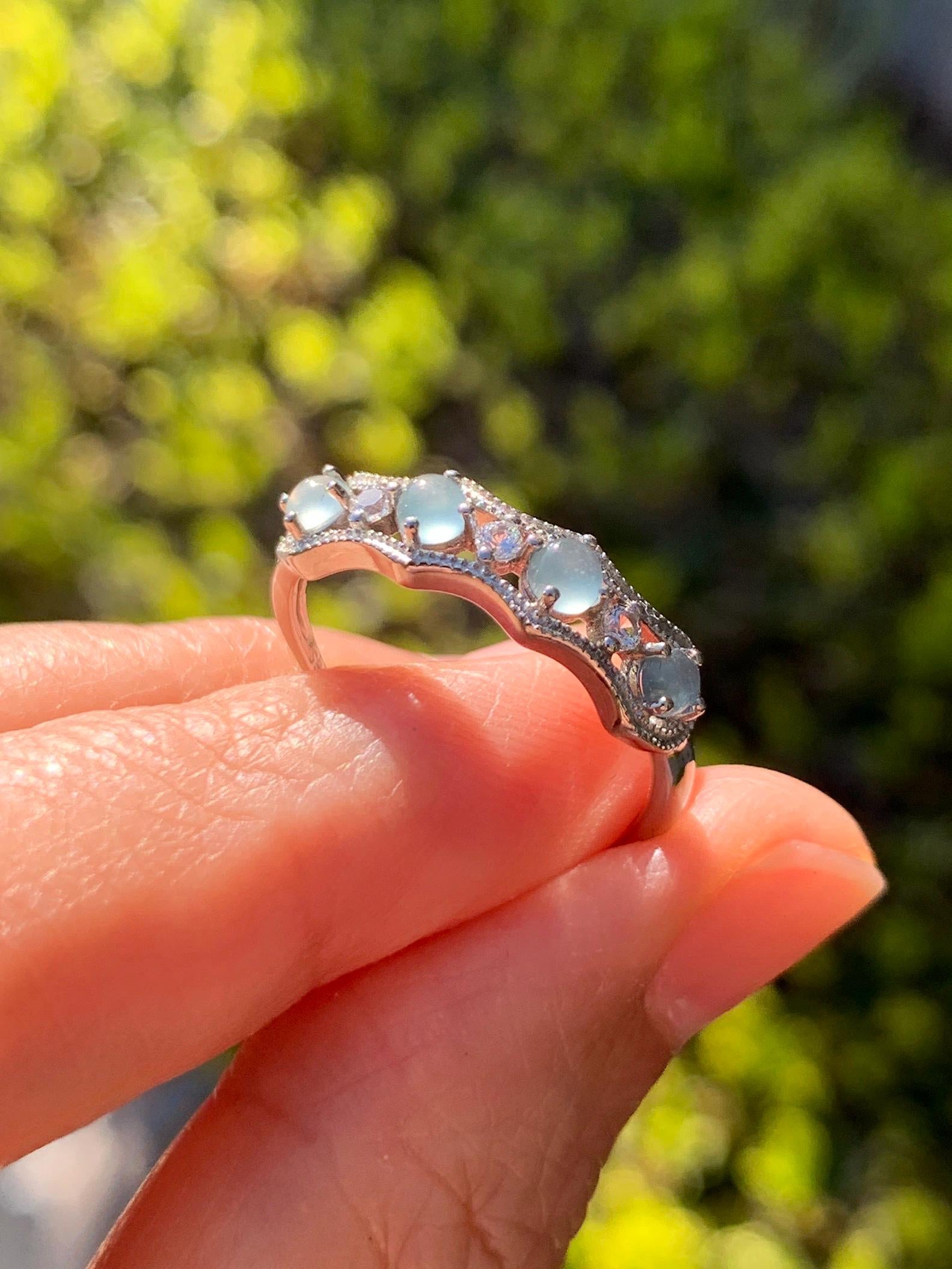 Natural Grade A Guatemalan Icy Highly Translucent Pale Blue Jade Jadeite 4-Stone Band Ring Sterling Silver Size Adjustable 天然冰危淡蓝翡翠排戒 WQLP68