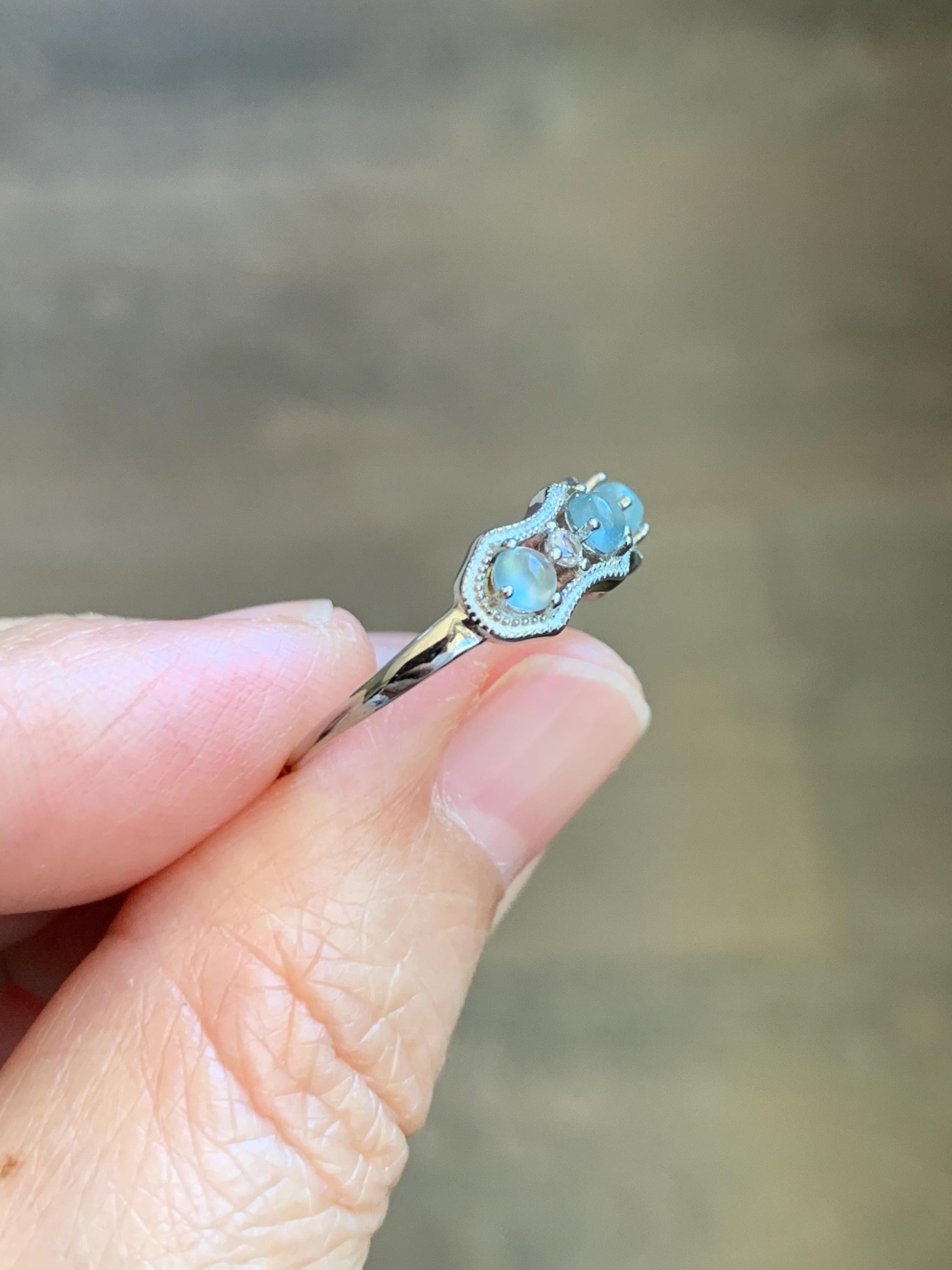 Natural Grade A Guatemalan Icy Highly Translucent Pale Blue Jade Jadeite 4-Stone Band Ring Sterling Silver Size Adjustable 天然冰危淡蓝翡翠排戒 WQLP68