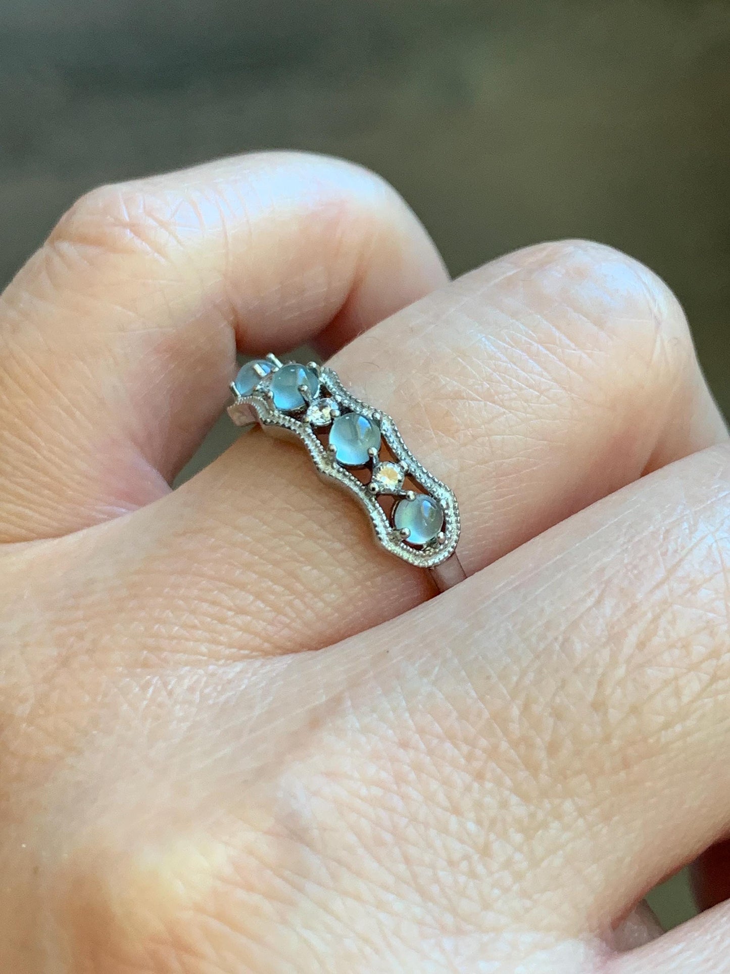 Natural Grade A Guatemalan Icy Highly Translucent Pale Blue Jade Jadeite 4-Stone Band Ring Sterling Silver Size Adjustable 天然冰危淡蓝翡翠排戒 WQLP68