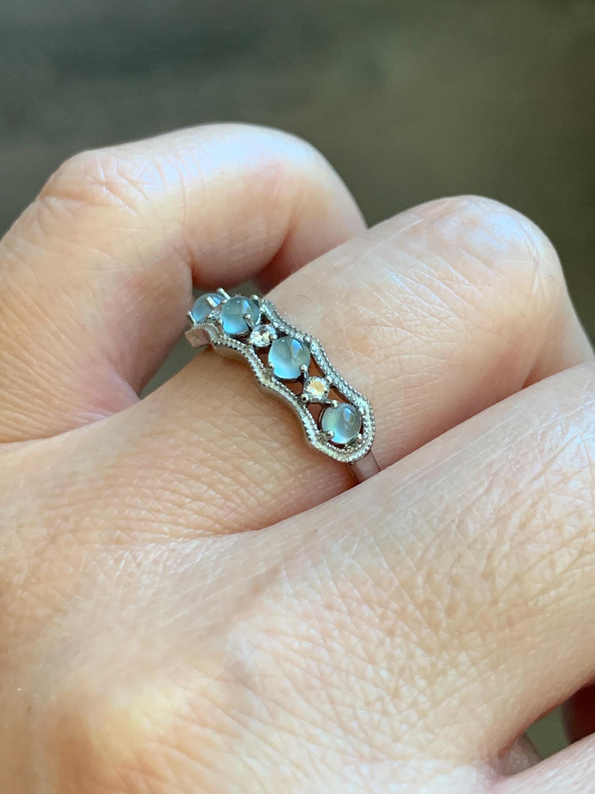 Natural Grade A Guatemalan Icy Highly Translucent Pale Blue Jade Jadeite 4-Stone Band Ring Sterling Silver Size Adjustable 天然冰危淡蓝翡翠排戒 WQLP68