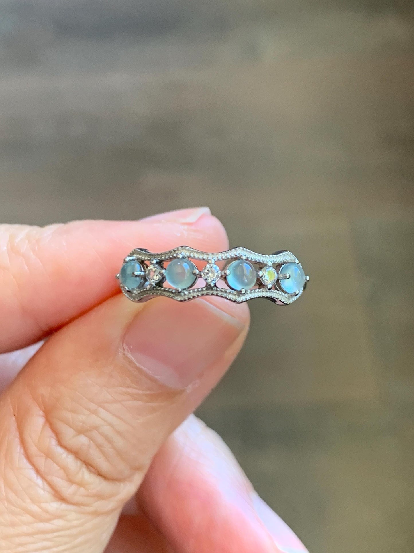 Natural Grade A Guatemalan Icy Highly Translucent Pale Blue Jade Jadeite 4-Stone Band Ring Sterling Silver Size Adjustable 天然冰危淡蓝翡翠排戒 WQLP68