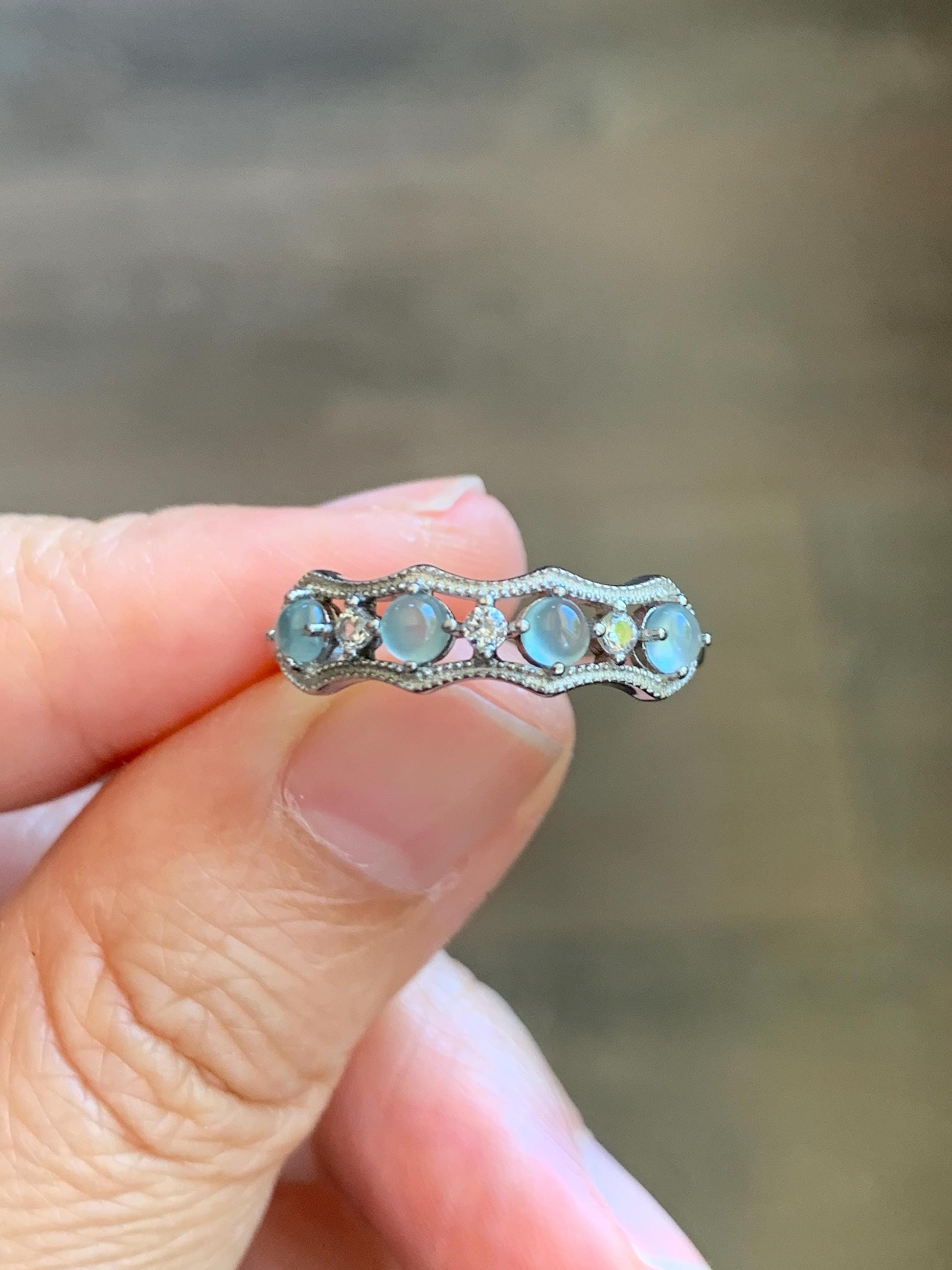 Natural Grade A Guatemalan Icy Highly Translucent Pale Blue Jade Jadeite 4-Stone Band Ring Sterling Silver Size Adjustable 天然冰危淡蓝翡翠排戒 WQLP68