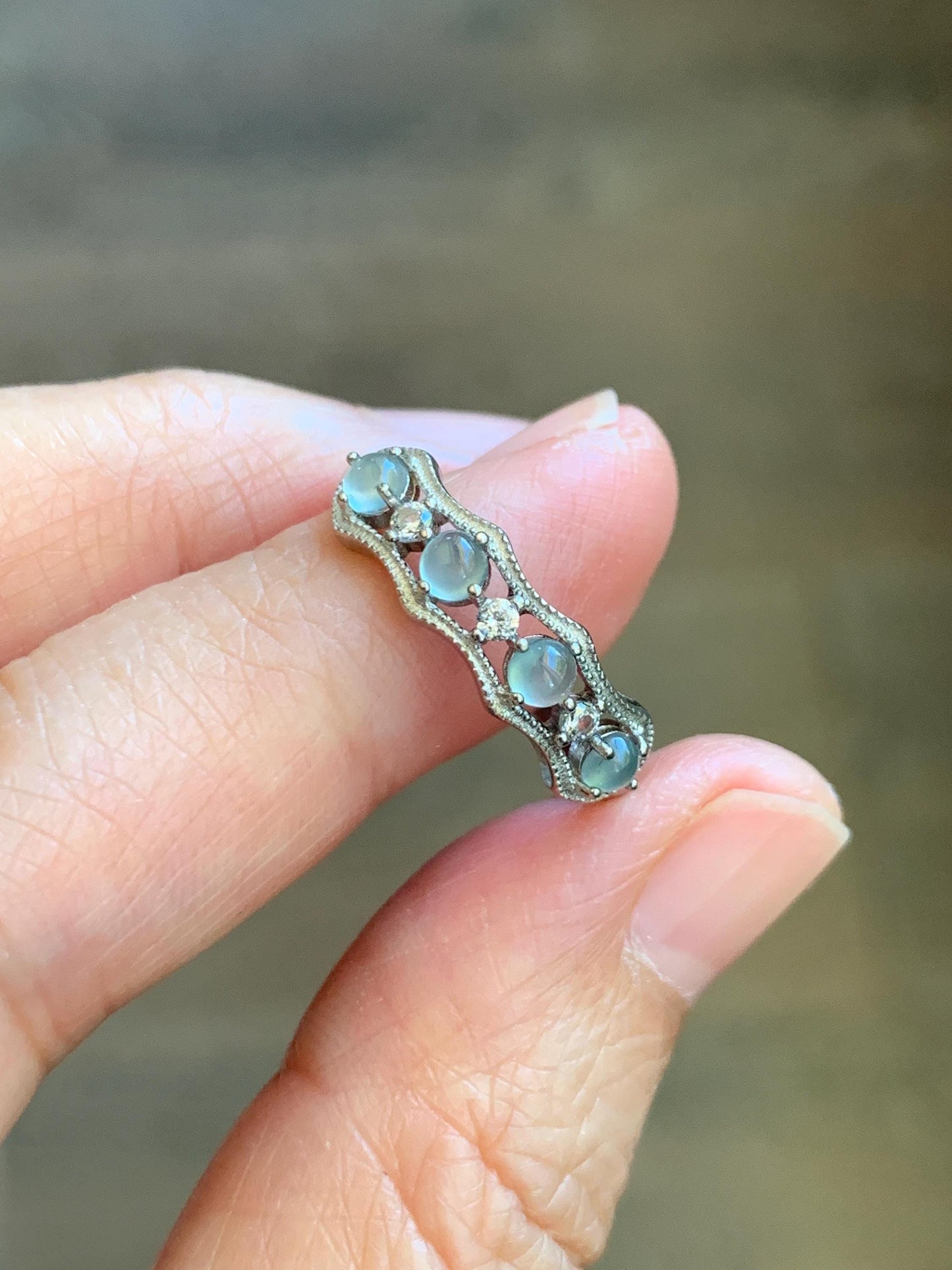 Natural Grade A Guatemalan Icy Highly Translucent Pale Blue Jade Jadeite 4-Stone Band Ring Sterling Silver Size Adjustable 天然冰危淡蓝翡翠排戒 WQLP68