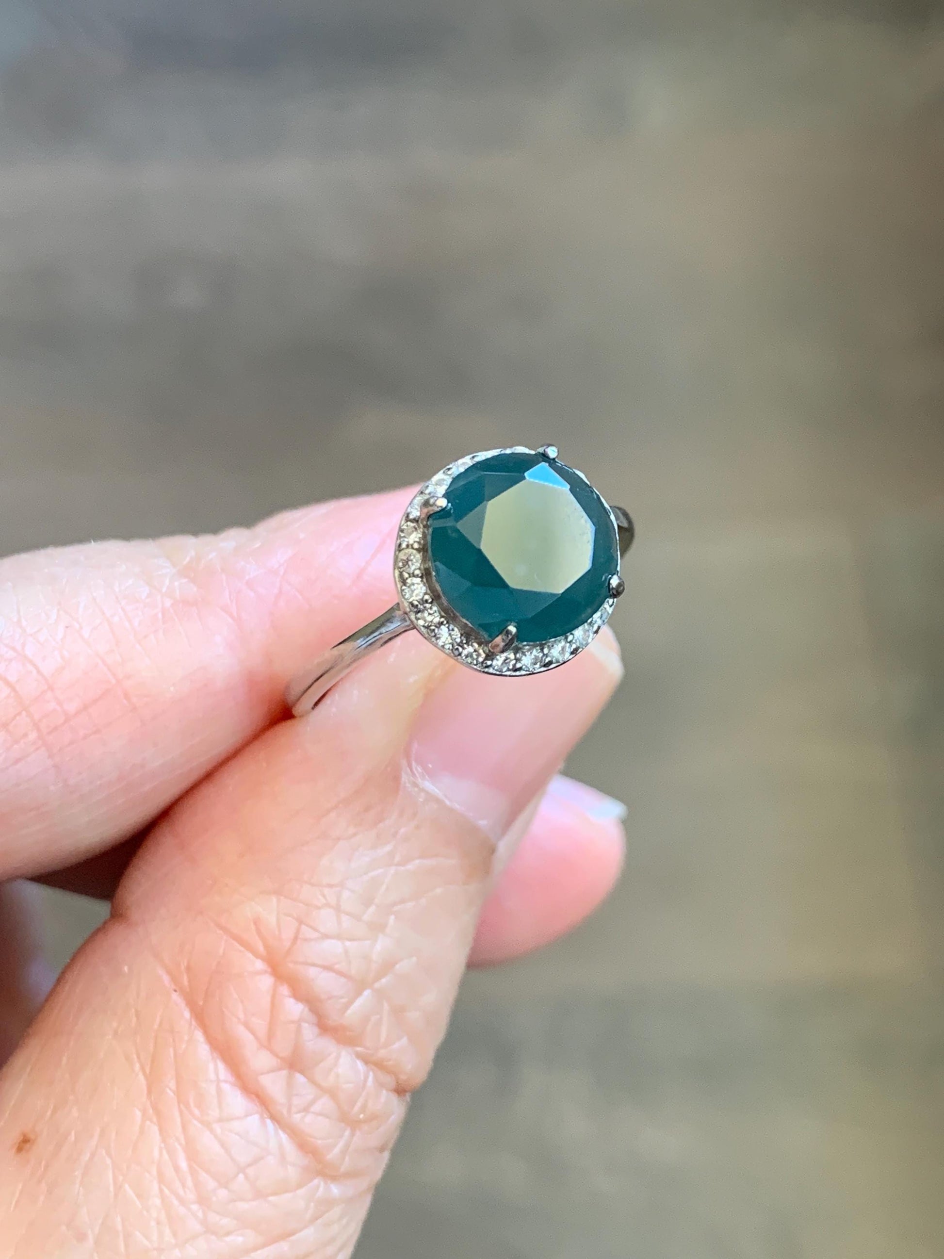 Natural Guatemalan Garde A Icy Dark Teal Blue Diamond Faceted Jade Jadeite Ring Sterling Silver Size Adjustable 天然冰危深蓝钻石切割面翡翠戒指 WSHQ68