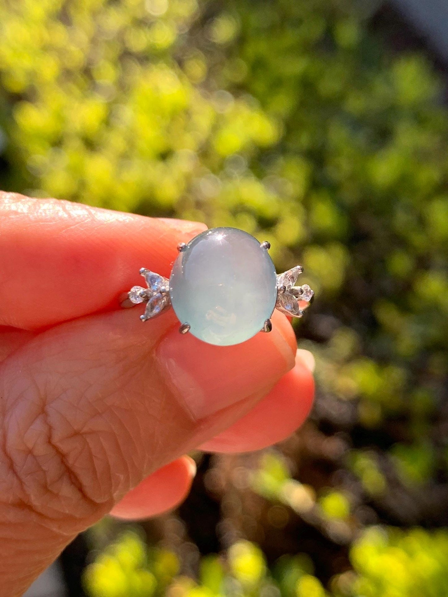 Natural Grade A Guatemalan Icy Translucent Light Teal Green Oval Jade Jadeite Ring Sterling Silver Size Adjustable 天然冰危淡蓝绿翡翠银镶戒指 WDL132