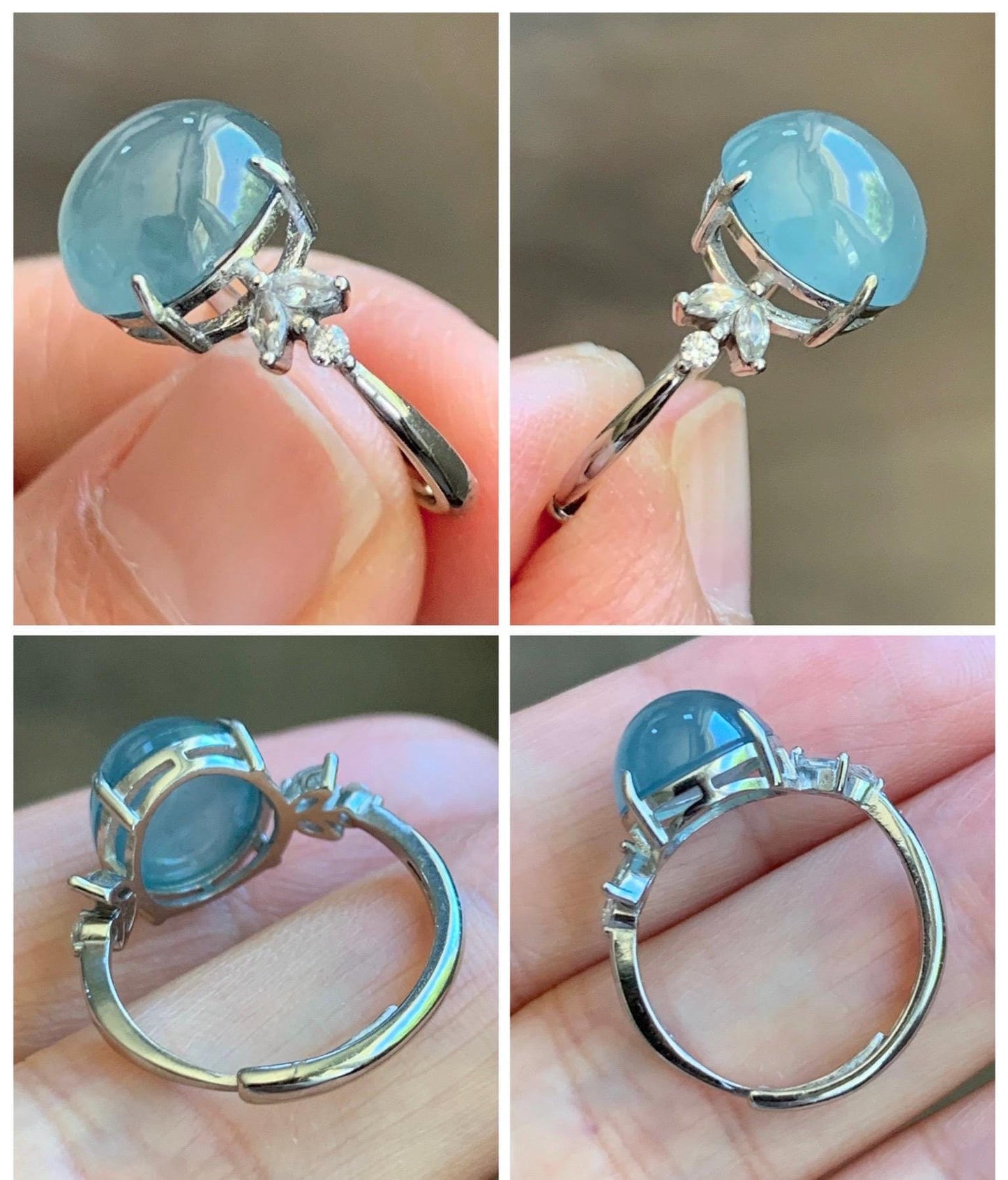 Natural Grade A Guatemalan Icy Translucent Light Teal Green Oval Jade Jadeite Ring Sterling Silver Size Adjustable 天然冰危淡蓝绿翡翠银镶戒指 WDL132