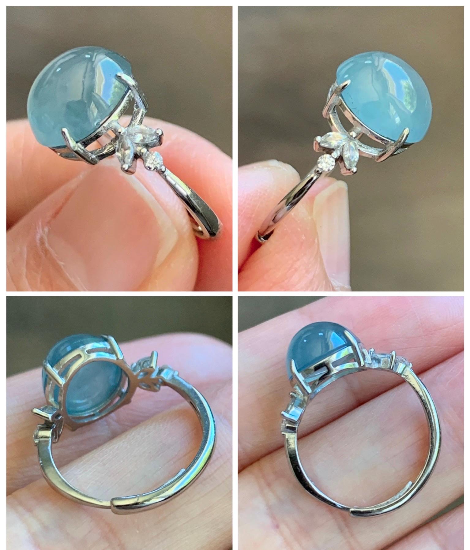 Natural Grade A Guatemalan Icy Translucent Light Teal Green Oval Jade Jadeite Ring Sterling Silver Size Adjustable 天然冰危淡蓝绿翡翠银镶戒指 WDL132
