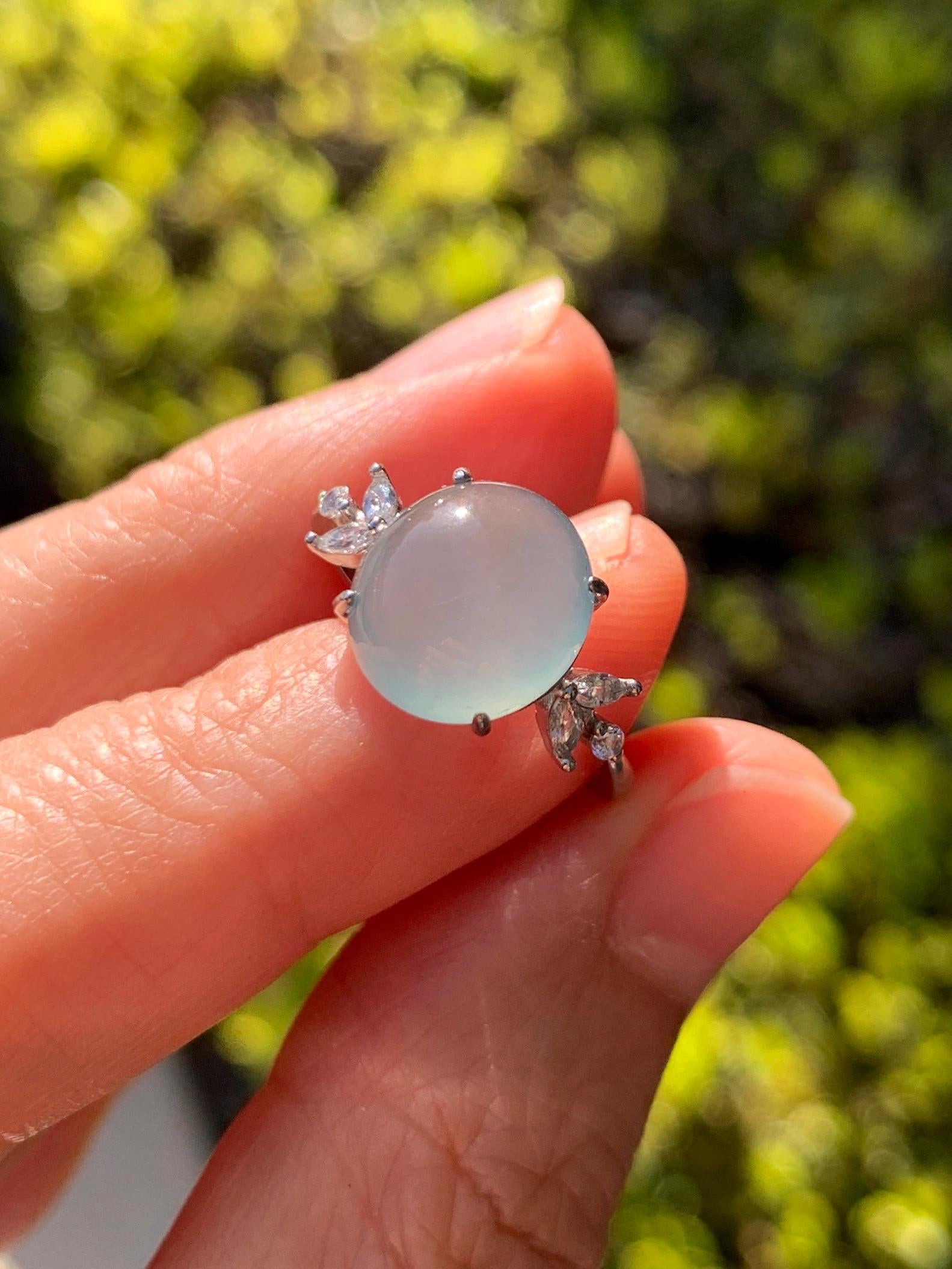 Natural Grade A Guatemalan Icy Translucent Light Teal Green Oval Jade Jadeite Ring Sterling Silver Size Adjustable 天然冰危淡蓝绿翡翠银镶戒指 WDL132