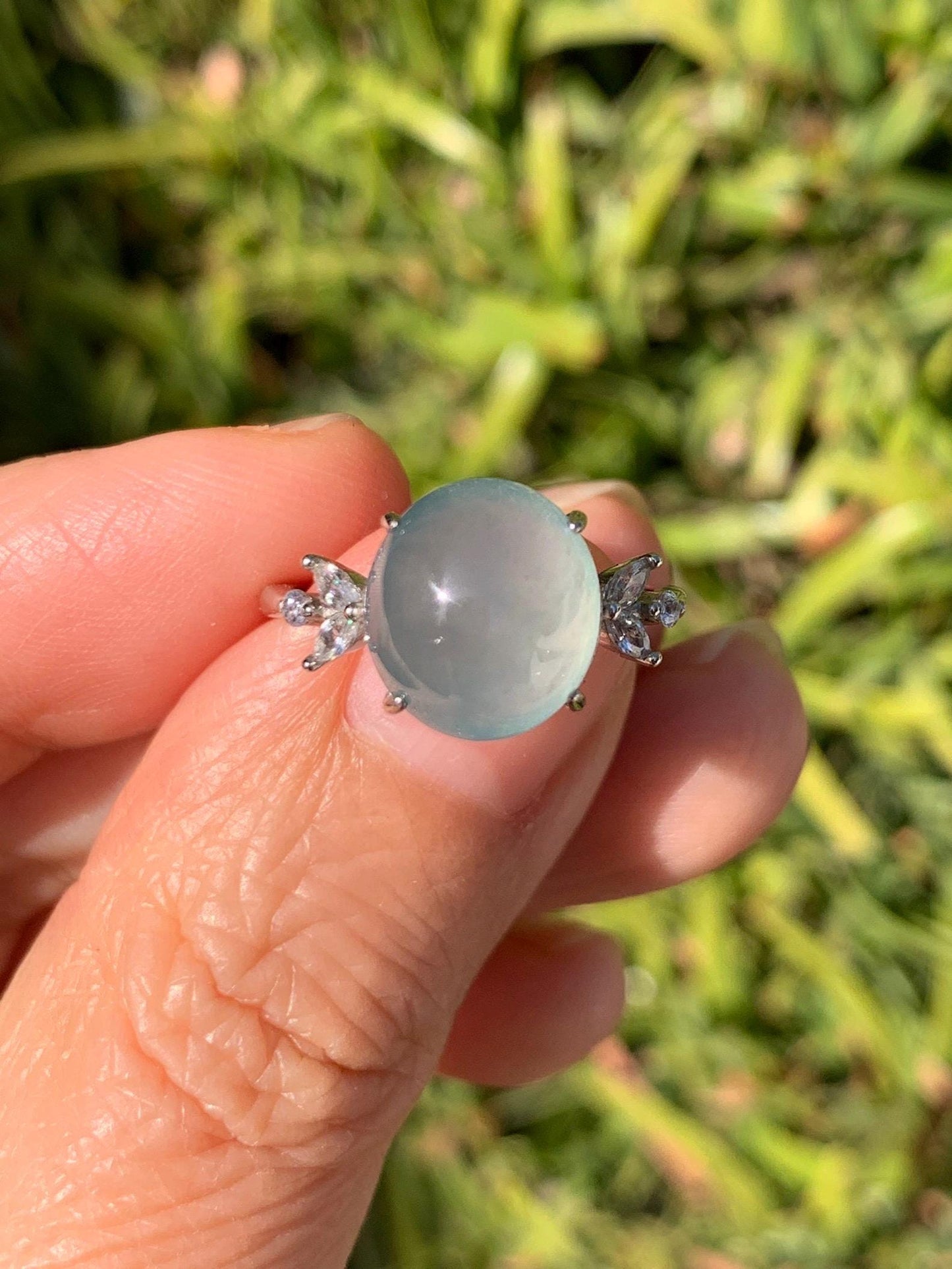 Natural Grade A Guatemalan Icy Translucent Light Teal Green Oval Jade Jadeite Ring Sterling Silver Size Adjustable 天然冰危淡蓝绿翡翠银镶戒指 WDL132