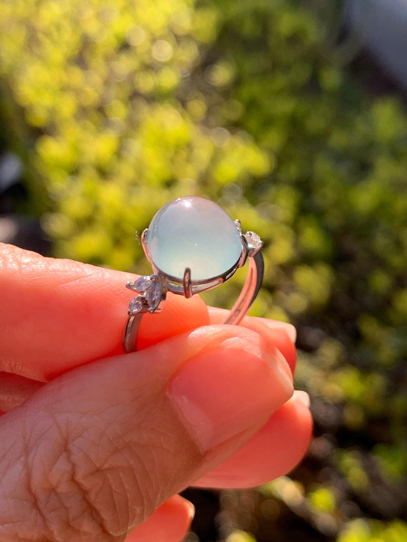 Natural Grade A Guatemalan Icy Translucent Light Teal Green Oval Jade Jadeite Ring Sterling Silver Size Adjustable 天然冰危淡蓝绿翡翠银镶戒指 WDL132