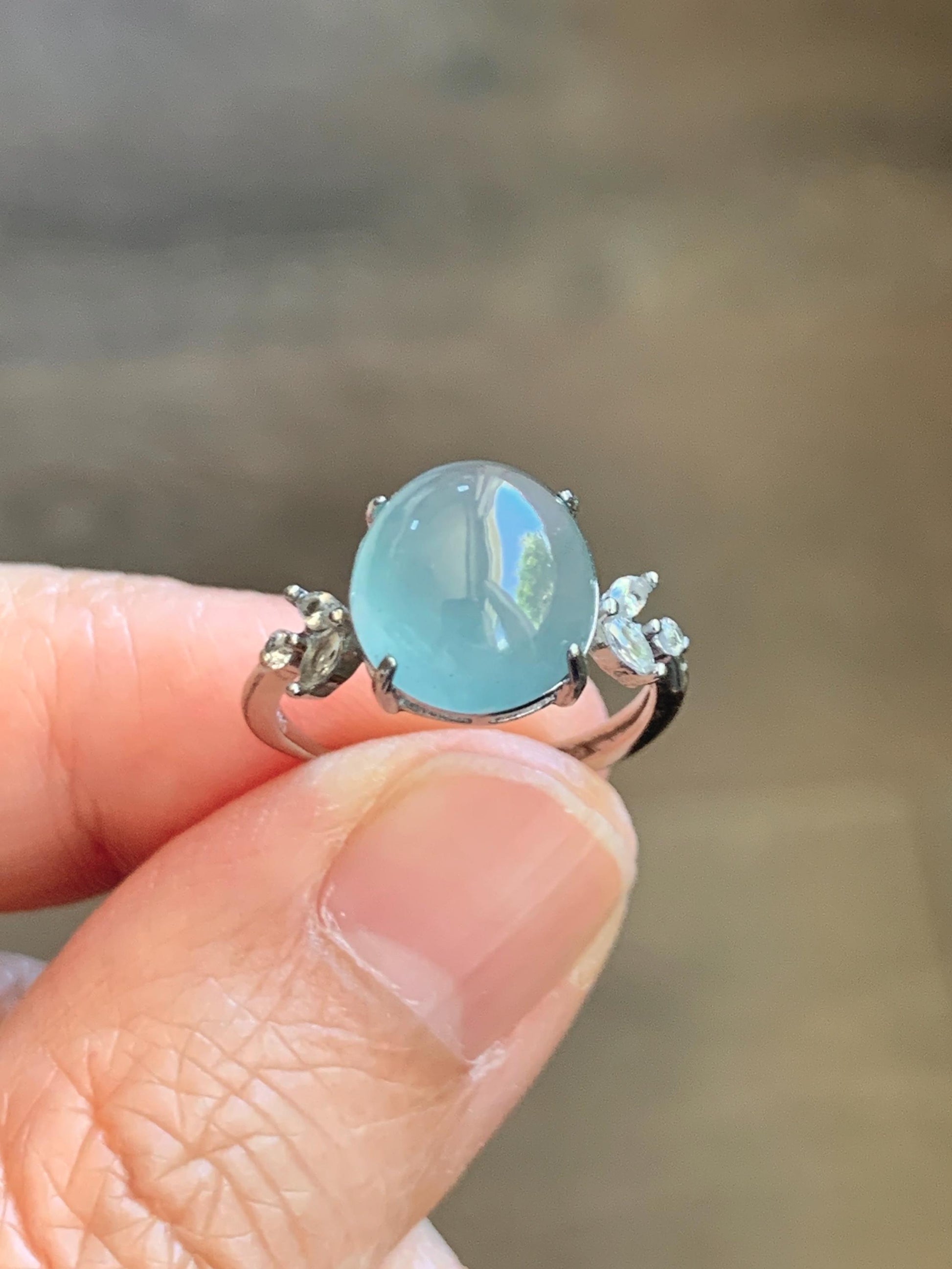 Natural Grade A Guatemalan Icy Translucent Light Teal Green Oval Jade Jadeite Ring Sterling Silver Size Adjustable 天然冰危淡蓝绿翡翠银镶戒指 WDL132