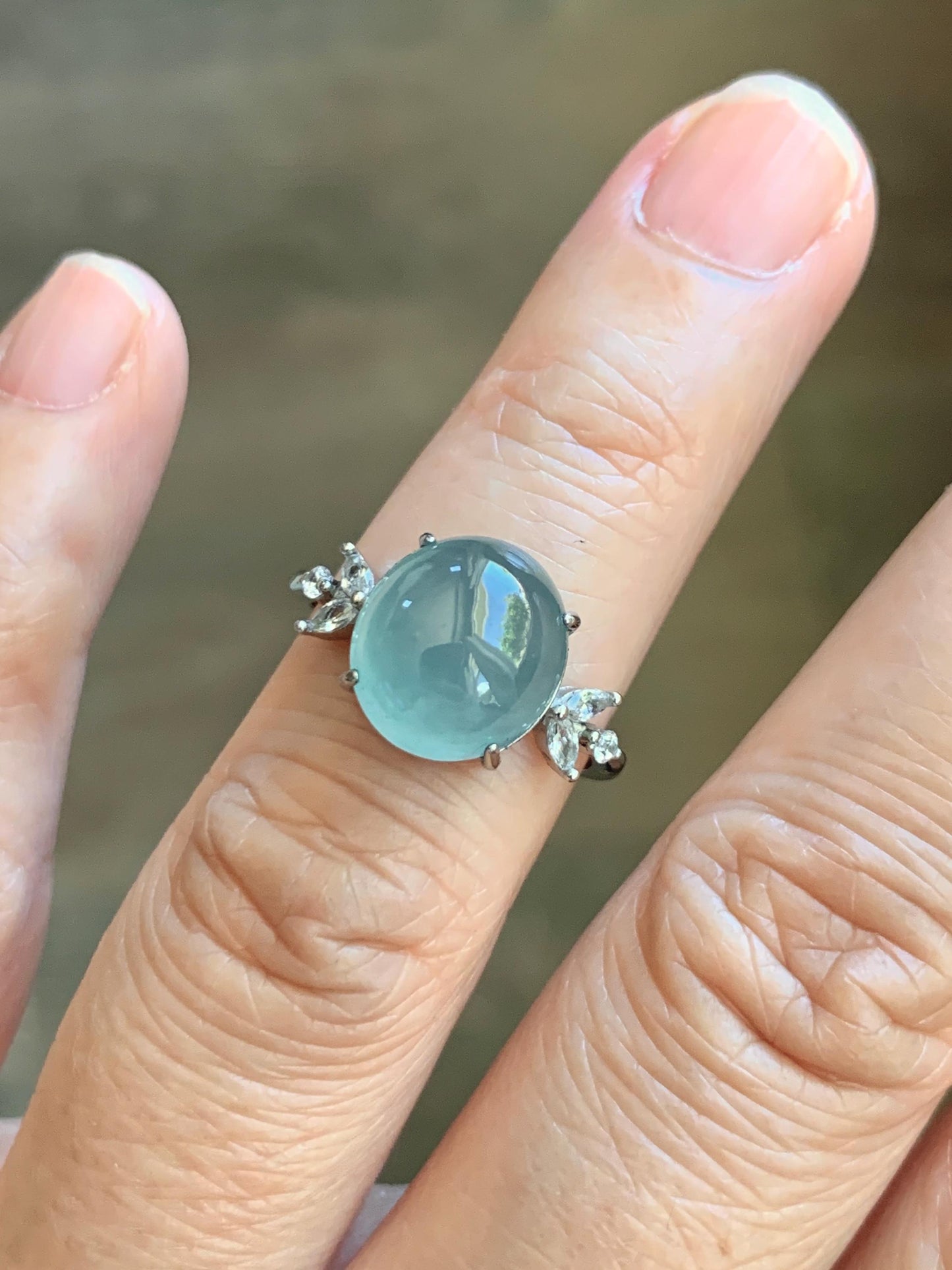 Natural Grade A Guatemalan Icy Translucent Light Teal Green Oval Jade Jadeite Ring Sterling Silver Size Adjustable 天然冰危淡蓝绿翡翠银镶戒指 WDL132