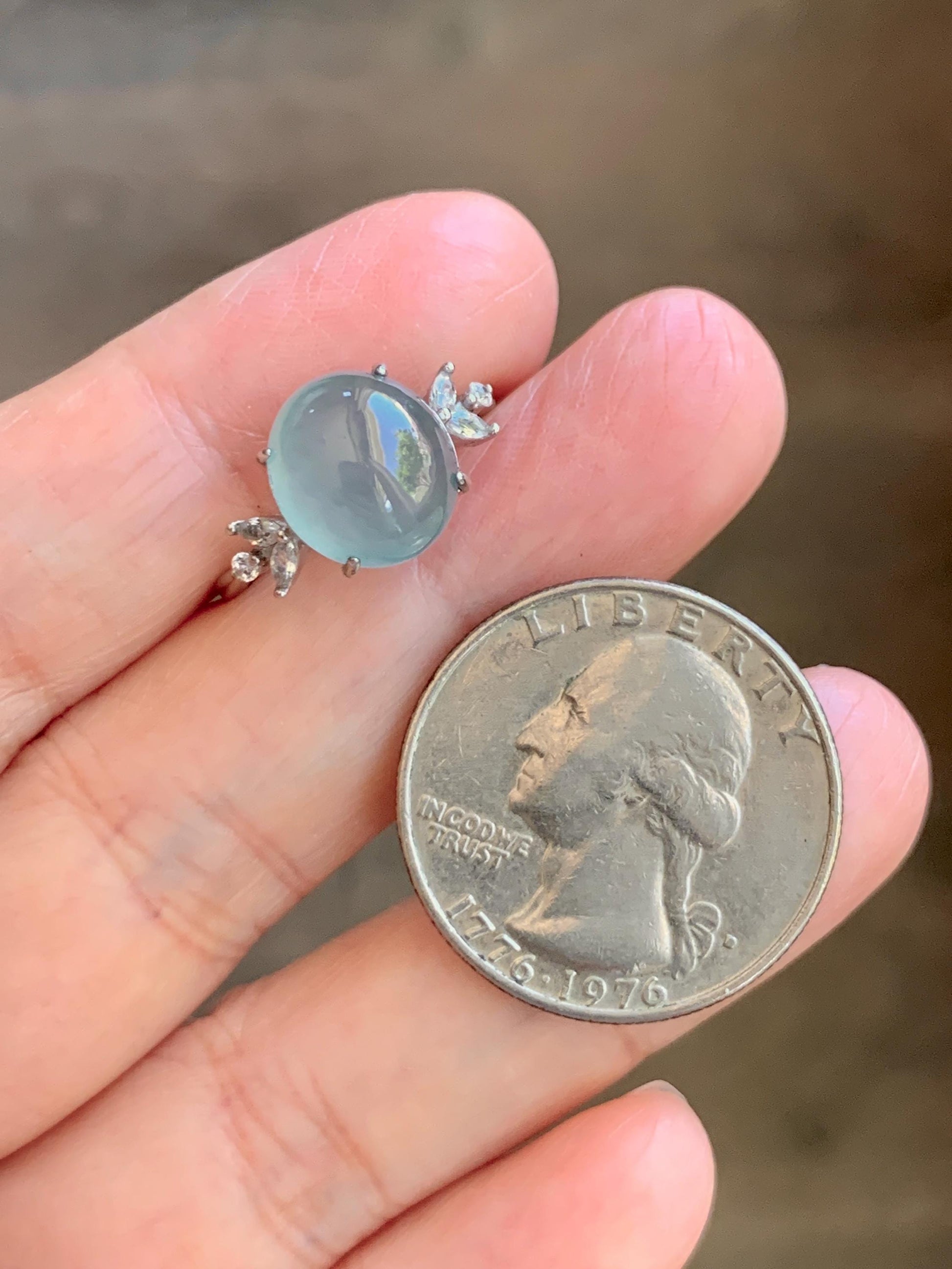 Natural Grade A Guatemalan Icy Translucent Light Teal Green Oval Jade Jadeite Ring Sterling Silver Size Adjustable 天然冰危淡蓝绿翡翠银镶戒指 WDL132