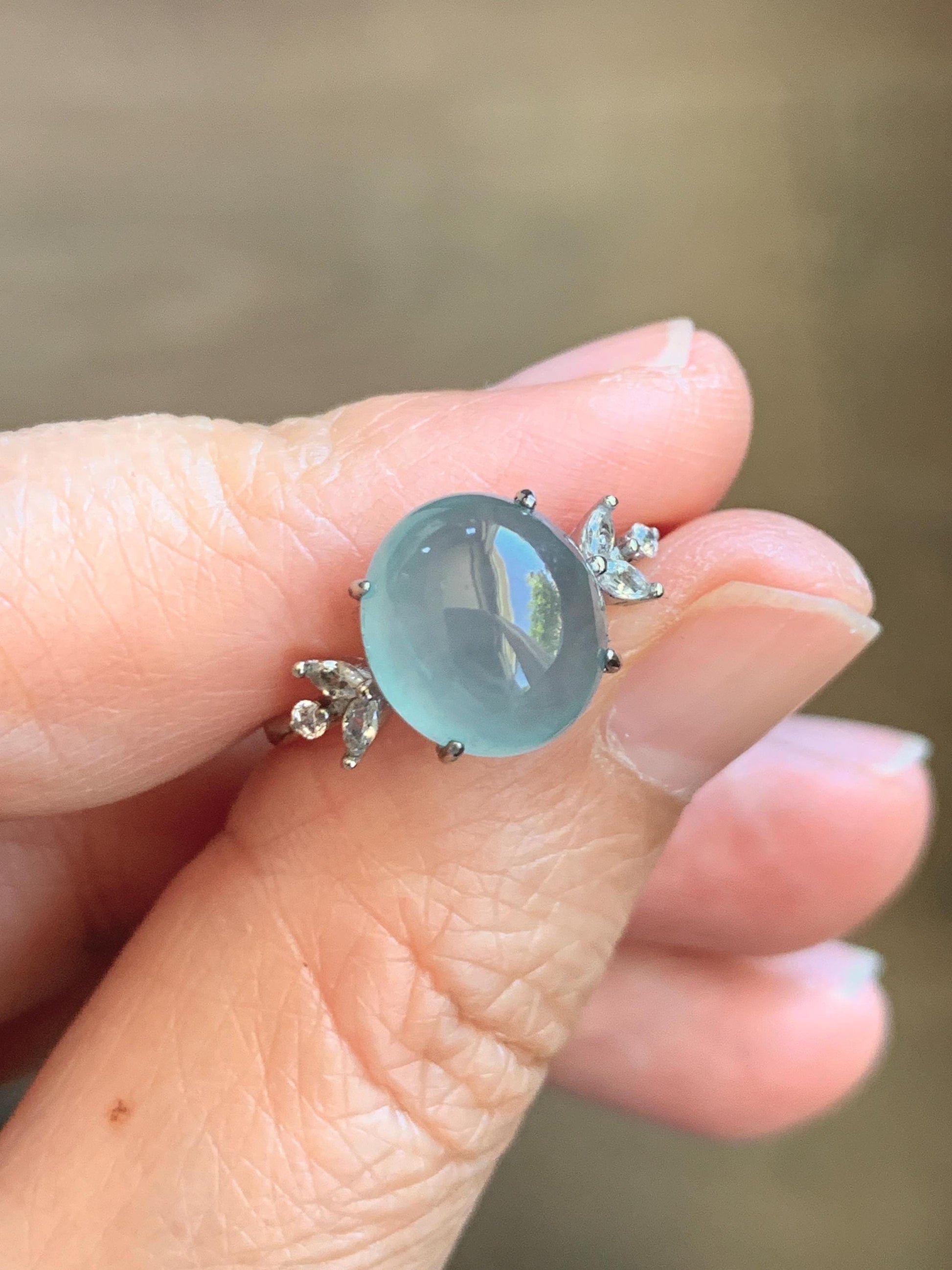 Natural Grade A Guatemalan Icy Translucent Light Teal Green Oval Jade Jadeite Ring Sterling Silver Size Adjustable 天然冰危淡蓝绿翡翠银镶戒指 WDL132