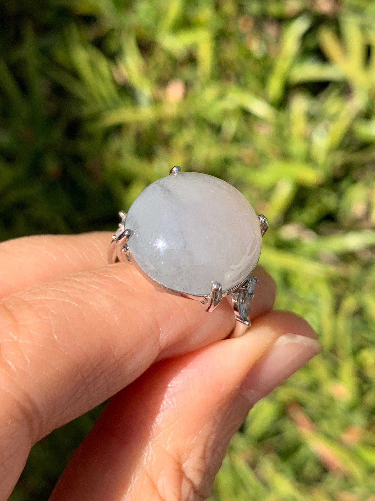 Large Natural Grade A Icy Translucent Wuji Pastel Purple Jade Jadeite Solitaire Ring Sterling Silver Size Adjustable 天然冰乌鸡翡翠大尺寸蛋面银镶戒指 MDW132