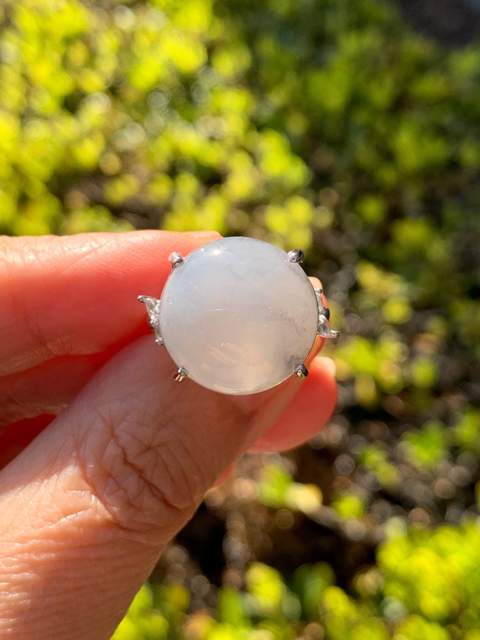 Large Natural Grade A Icy Translucent Wuji Pastel Purple Jade Jadeite Solitaire Ring Sterling Silver Size Adjustable 天然冰乌鸡翡翠大尺寸蛋面银镶戒指 MDW132