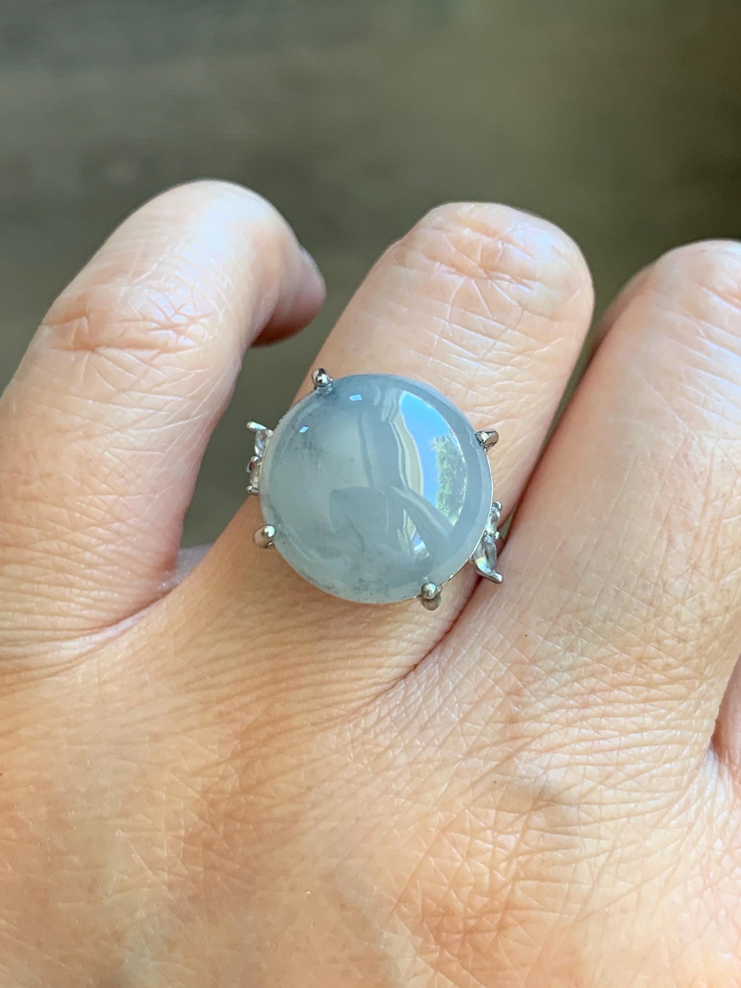 Large Natural Grade A Icy Translucent Wuji Pastel Purple Jade Jadeite Solitaire Ring Sterling Silver Size Adjustable 天然冰乌鸡翡翠大尺寸蛋面银镶戒指 MDW132