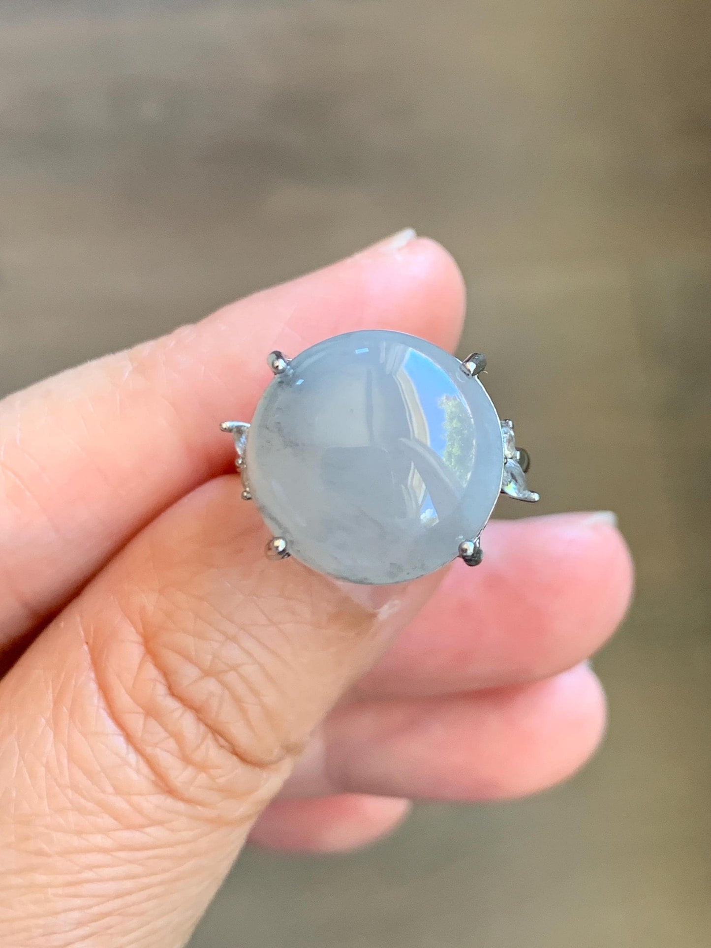 Large Natural Grade A Icy Translucent Wuji Pastel Purple Jade Jadeite Solitaire Ring Sterling Silver Size Adjustable 天然冰乌鸡翡翠大尺寸蛋面银镶戒指 MDW132