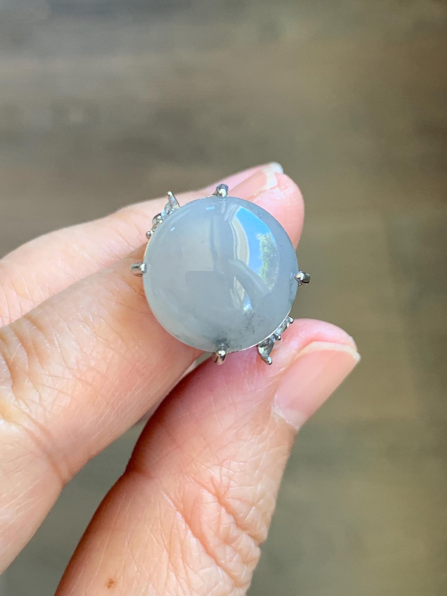 Large Natural Grade A Icy Translucent Wuji Pastel Purple Jade Jadeite Solitaire Ring Sterling Silver Size Adjustable 天然冰乌鸡翡翠大尺寸蛋面银镶戒指 MDW132