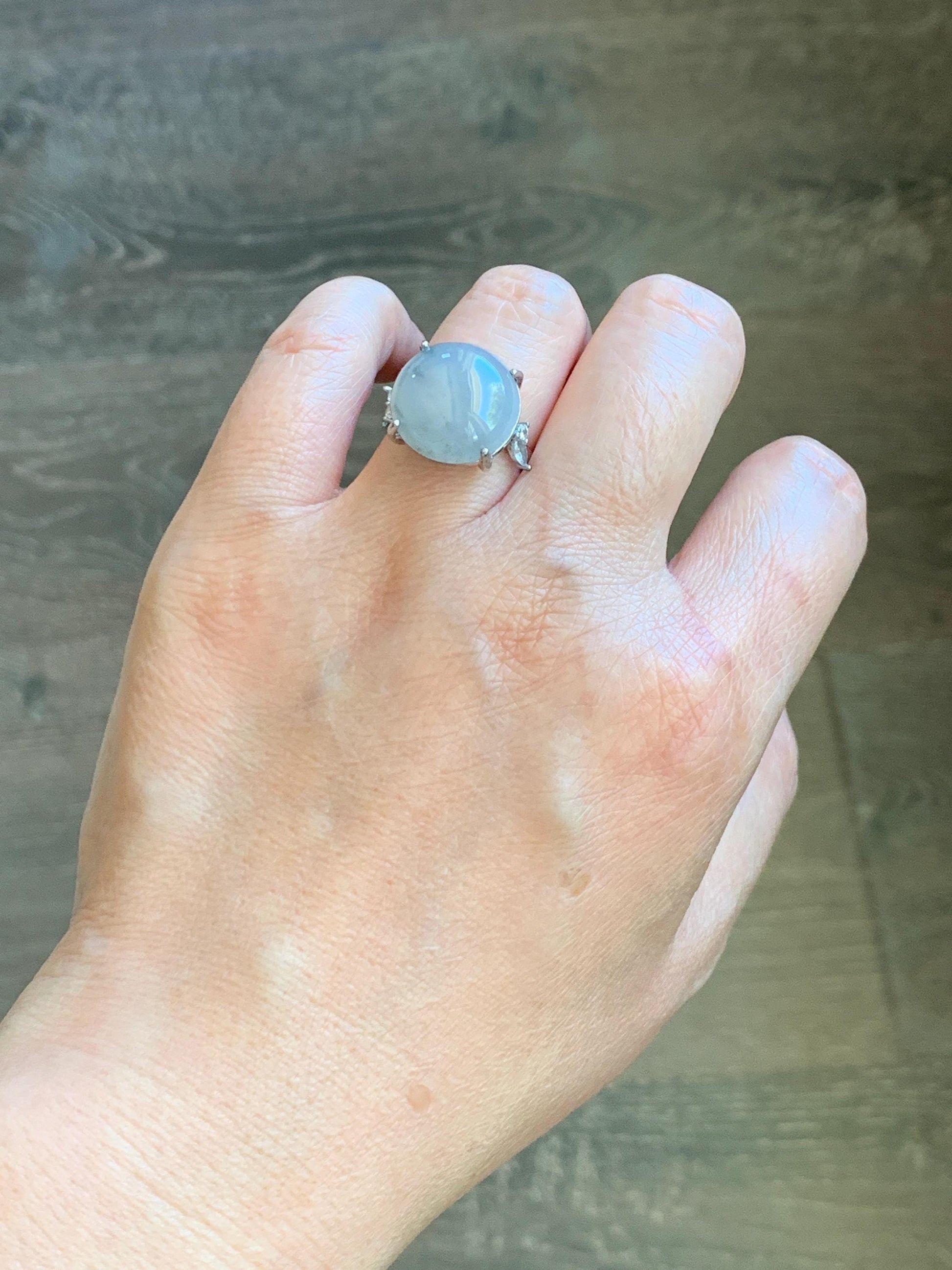 Large Natural Grade A Icy Translucent Wuji Pastel Purple Jade Jadeite Solitaire Ring Sterling Silver Size Adjustable 天然冰乌鸡翡翠大尺寸蛋面银镶戒指 MDW132