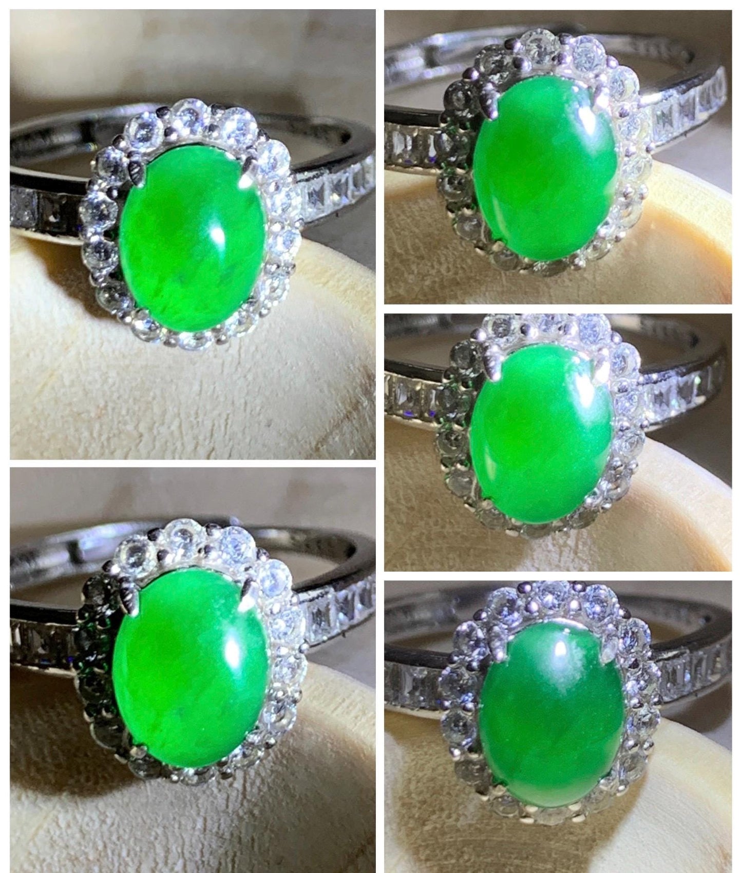Natural Grade A Guatemalan Icy Translucent Vibrant Green Jade Jadeite Halo Ring Sterling Silver Size Adjustable 天然冰危绿翡翠戒指 WLH85