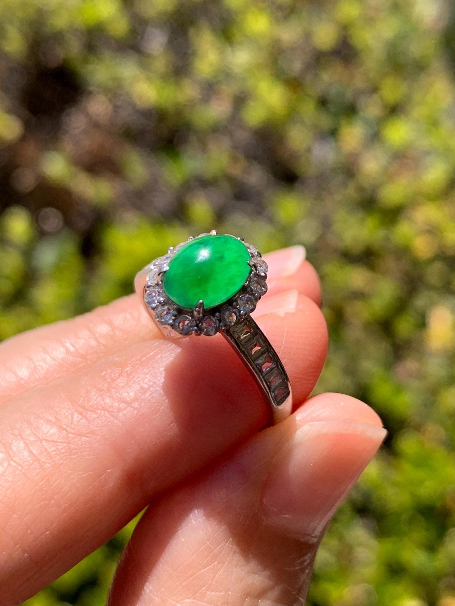 Natural Grade A Guatemalan Icy Translucent Vibrant Green Jade Jadeite Halo Ring Sterling Silver Size Adjustable 天然冰危绿翡翠戒指 WLH85