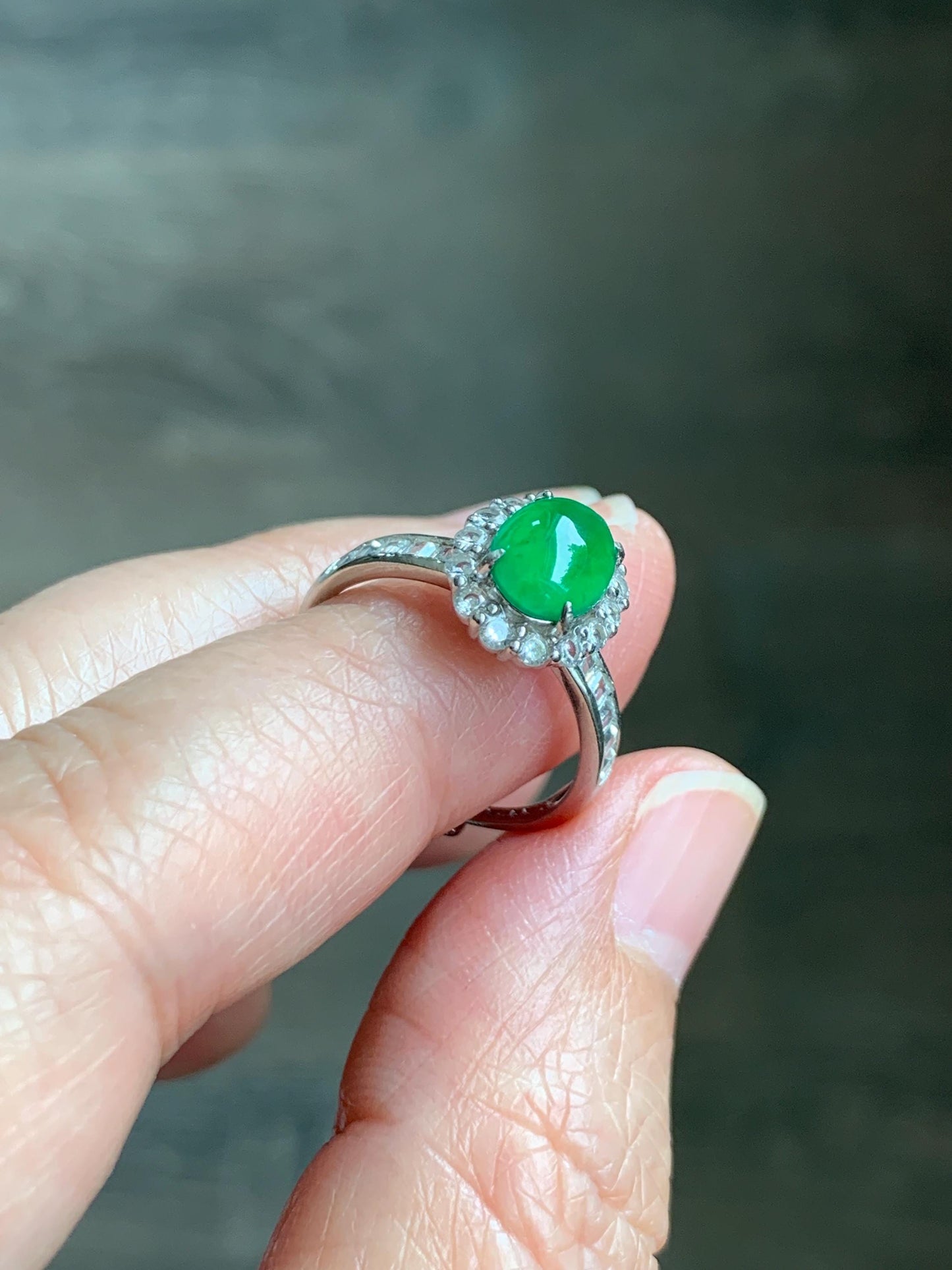 Natural Grade A Guatemalan Icy Translucent Vibrant Green Jade Jadeite Halo Ring Sterling Silver Size Adjustable 天然冰危绿翡翠戒指 WLH85