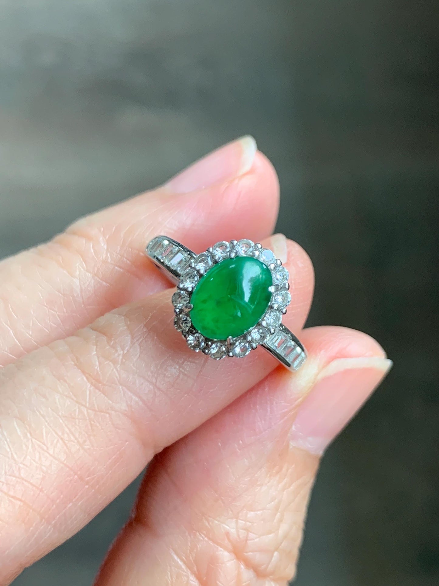 Natural Grade A Guatemalan Icy Translucent Vibrant Green Jade Jadeite Halo Ring Sterling Silver Size Adjustable 天然冰危绿翡翠戒指 WLH85