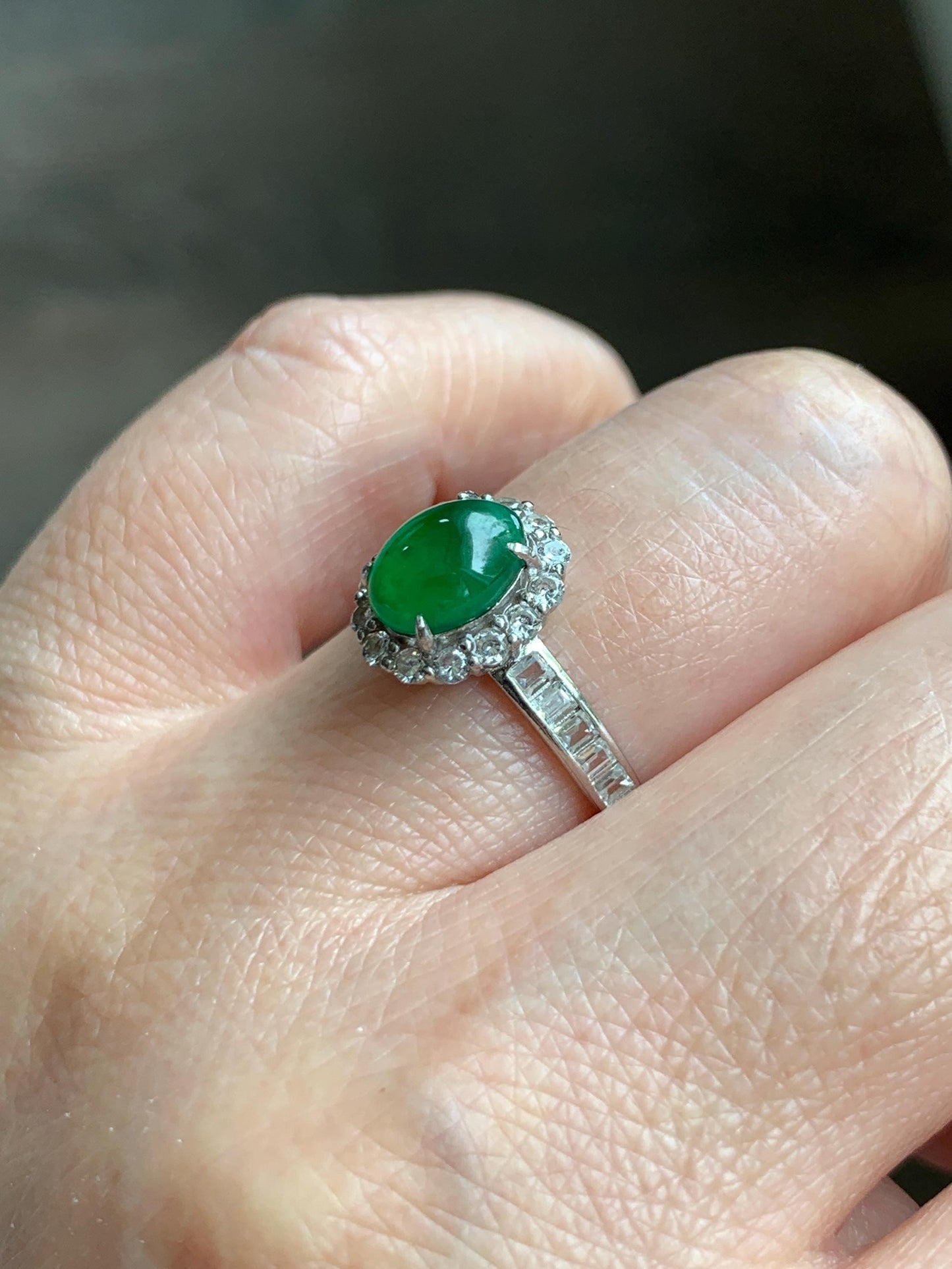 Natural Grade A Guatemalan Icy Translucent Vibrant Green Jade Jadeite Halo Ring Sterling Silver Size Adjustable 天然冰危绿翡翠戒指 WLH85