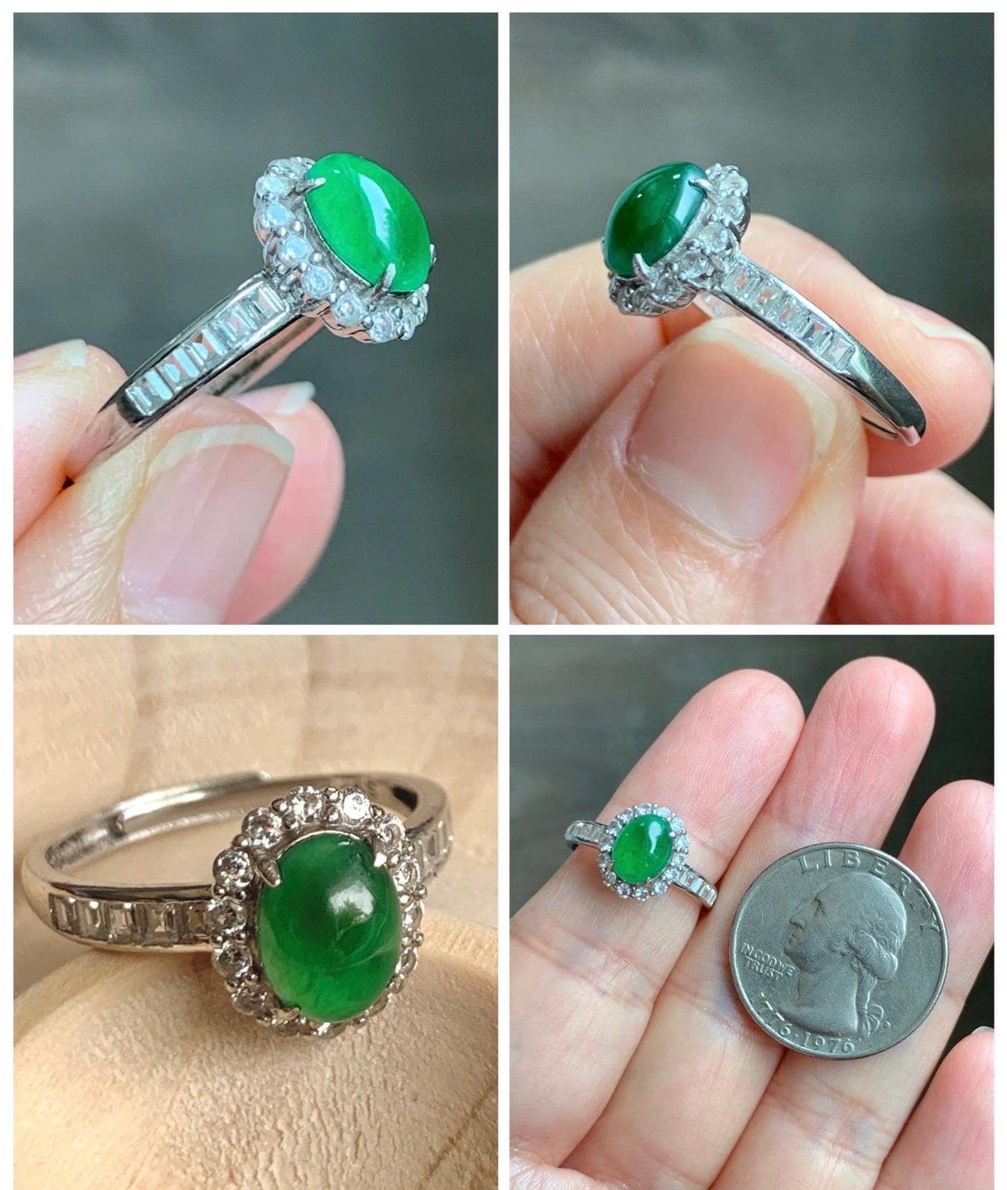 Natural Grade A Guatemalan Icy Translucent Vibrant Green Jade Jadeite Halo Ring Sterling Silver Size Adjustable 天然冰危绿翡翠戒指 WLH85