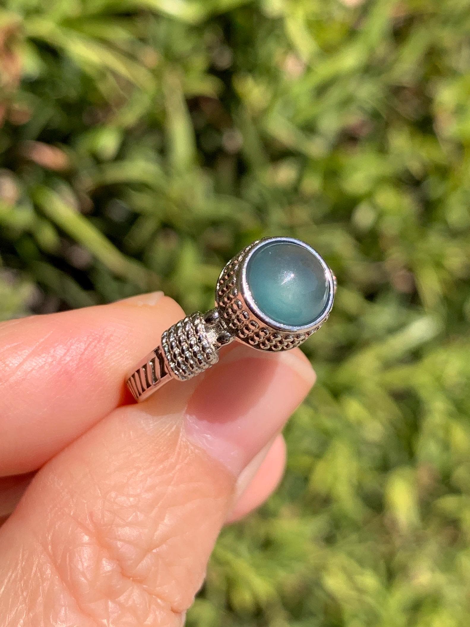 Natural Grade A Guatemalan Icy Highly Translucent Teal Blue Jade Jadeite Ring Sterling Silver Size Adjustable 天然冰危蓝绿翡翠银镶戒指 WLU96