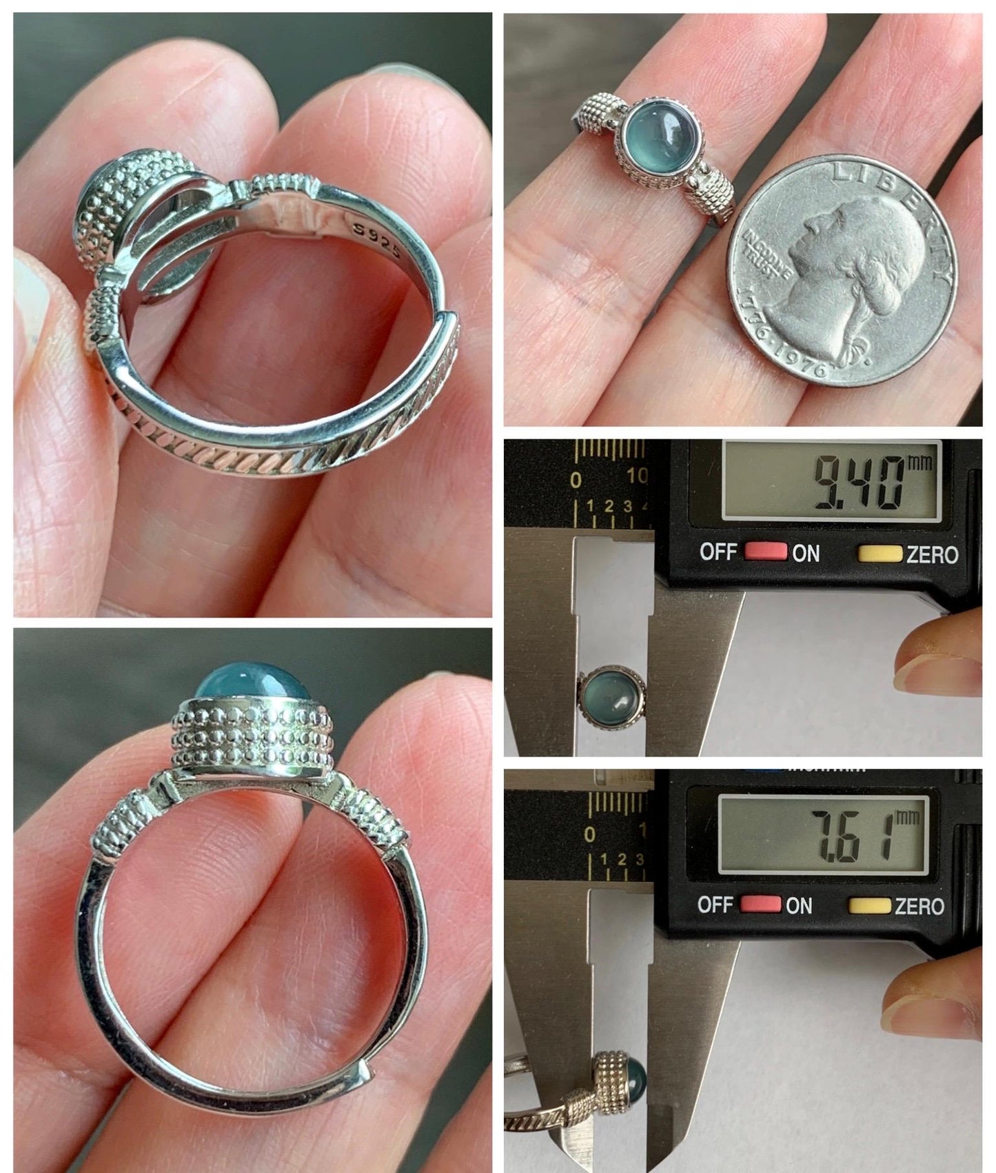 Natural Grade A Guatemalan Icy Highly Translucent Teal Blue Jade Jadeite Ring Sterling Silver Size Adjustable 天然冰危蓝绿翡翠银镶戒指 WLU96
