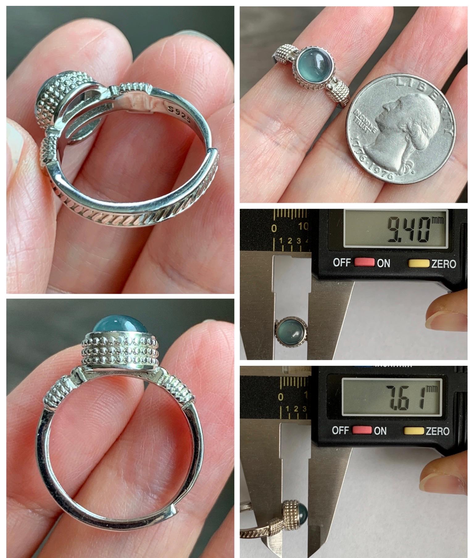 Natural Grade A Guatemalan Icy Highly Translucent Teal Blue Jade Jadeite Ring Sterling Silver Size Adjustable 天然冰危蓝绿翡翠银镶戒指 WLU96